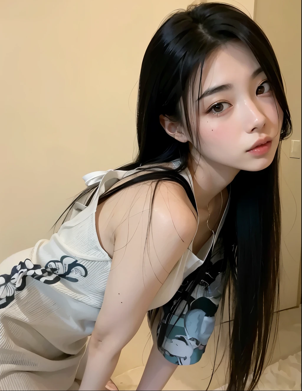 there is a woman with long black hair posing for a picture, 18 anos de idade, chiho, wenfei you, Asian girl, Menina coreana, menina de 19 anos, Yoshitomo Nara, Xintong Chen, shikami, beautiful Asian girl, young Asian girl, deusa japonesa