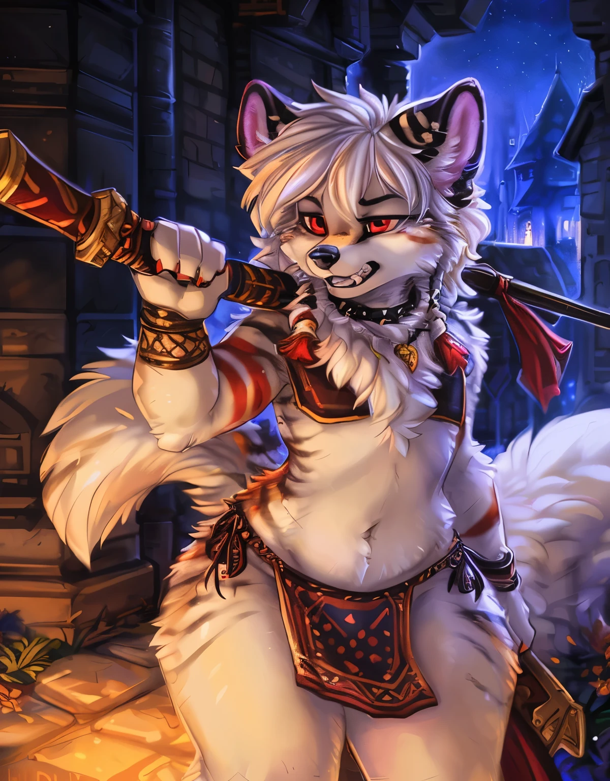 ((by hioshiru and kenket and dimwitdog, michael amp inessa garmash, ruan jia, pino daeni, chunie), arctic wolf , anthro, muscular , big butt, big thighs,huge butt, huge thighs ,red eyes , young, shorta ,hair. fluffy tail , castle background, courtyard, tribe jewelries, tail, fluffy tail, hair, white hair, night, standing,  necklass, seductive pose, tribe stripes, red  stripes, loincloth, pov, medieval weapon, weapon on back, loincloth lift, erection,big penis,balls, precum, presenting penis, penis close up, worm view, seductivr 