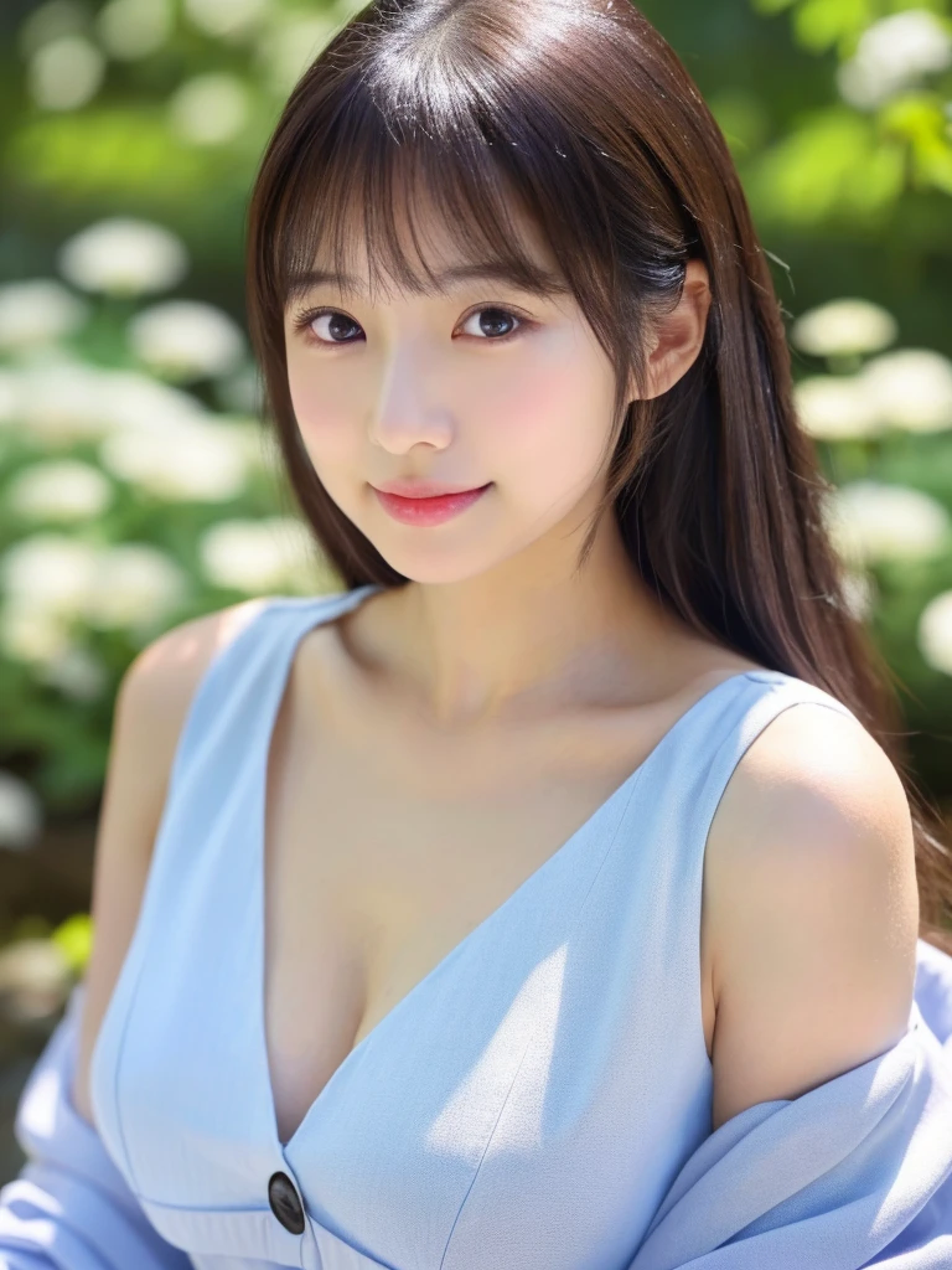 ((cute日本の女の子、beautiful japanese girl、1 girl、clear、19 years old、ponytail、Highly detailed face and skin texture、refinement、super detailed face、highly detailed eyes、Lee Hong、blush、cheek、ピンクのcheekを塗ったcheek、close-up of woman、 from the neck up、 Close to the camera、 positive face、Forward-facing body、look at the camera、front、cute、smooth white skin、Transparent skin texture、))、(dark brown hair、bangs)、beautiful woman with perfect style：1.4、japanese model、young gravure idol、若いcuteグラビアアイドル、Realistic young gravure idol、refinementされたグラビアアイドル、((highest quality、8K、masterpiece:1.3、１photograph))、(4K、RAWphotograph、highest quality)、(realistic、フォトrealistic:1.37)、Place someone on the other side of the screen、Natural light、professional lighting、F cup、big breasts、big breasts、Beautiful and well-shaped breasts、