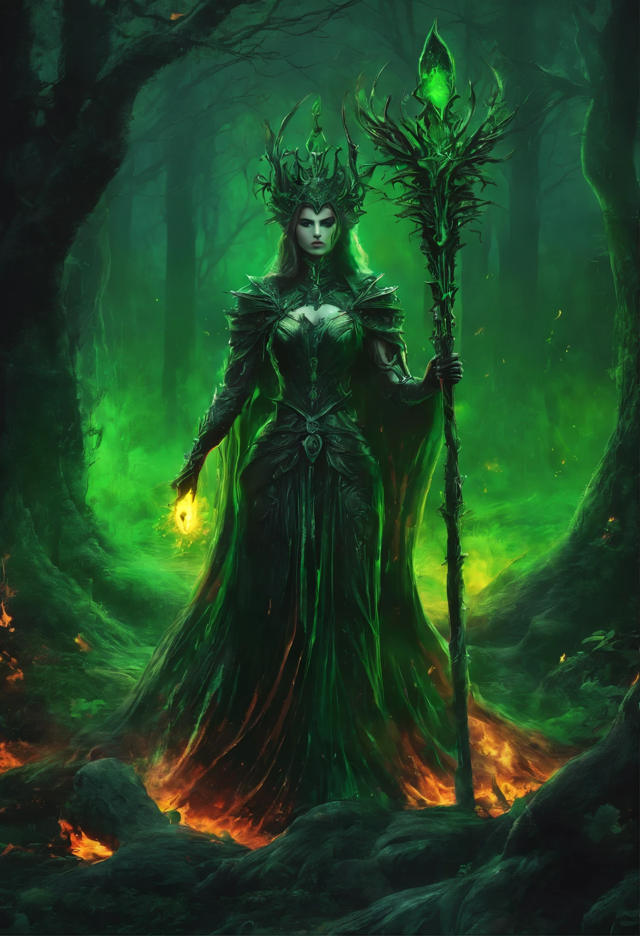 a lich-queen in crown with red glowing eyes walks through a swampy forest BREAK holding a long massive staff, ((green magic flame burning in the tip of the staff):1.5) BREAK night, moon, bats, (Best Quality, 16K, Masterpiece, UHD:1.3, Huge detail, hyper realistic, epic scale, insane level of details)