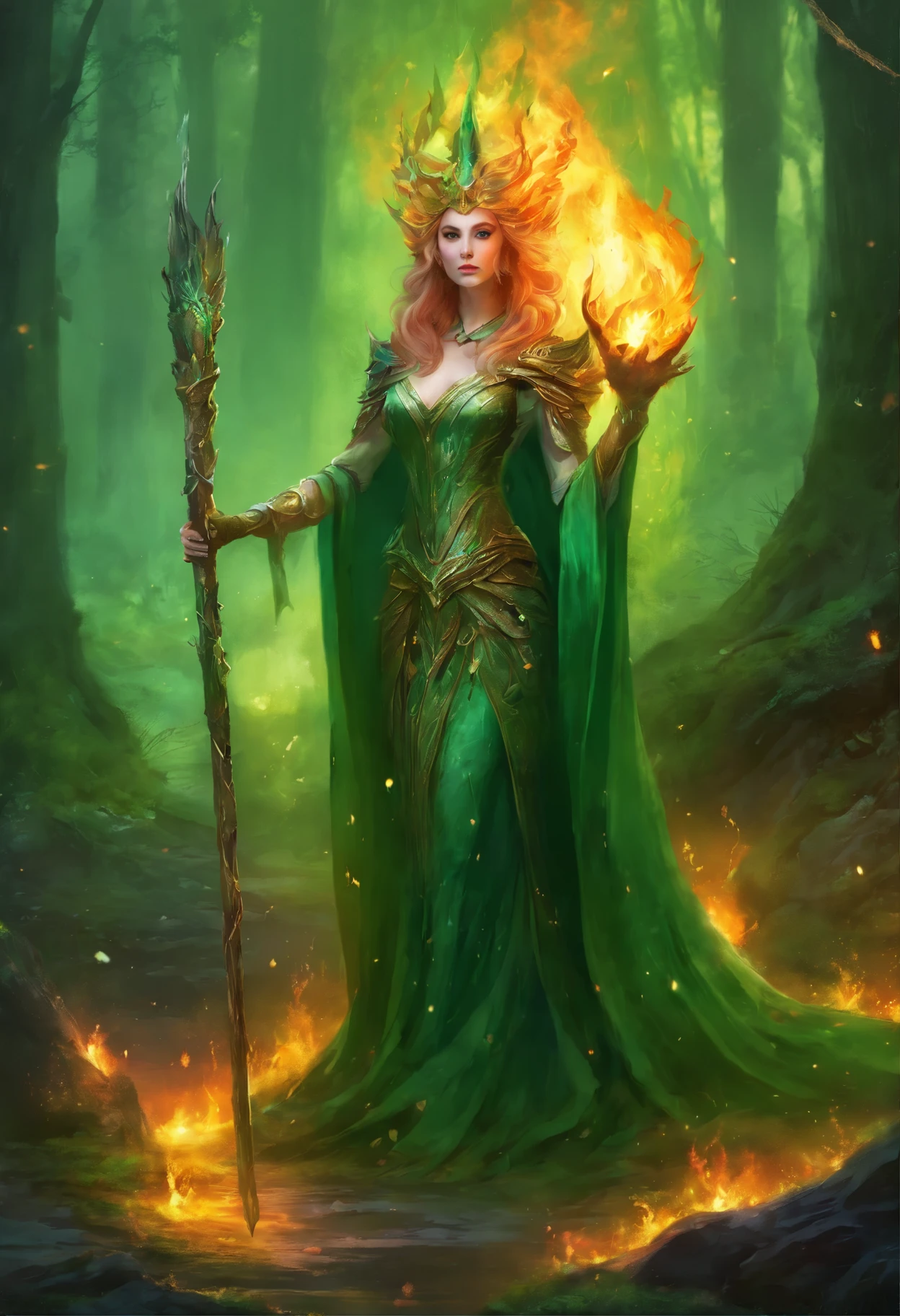 a lich-queen in crown with red glowing eyes walks through a swampy forest BREAK holding a long massive staff, ((green magic flame burning in the tip of the staff):1.5) BREAK night, moon, bats, (Best Quality, 16K, Masterpiece, UHD:1.3, Huge detail, hyper realistic, epic scale, insane level of details)