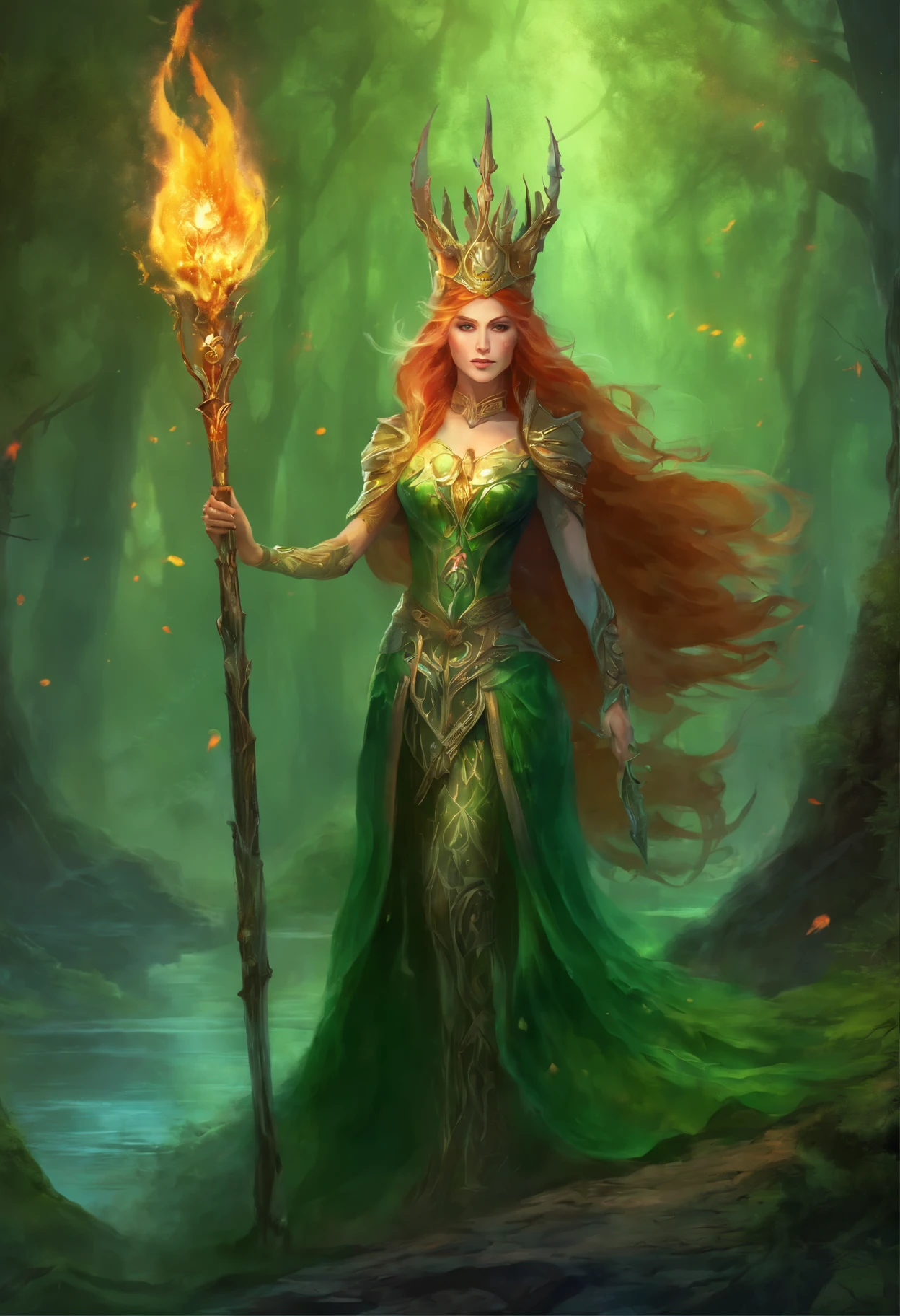 a lich-queen in crown with red glowing eyes walks through a swampy forest BREAK holding a long massive staff, ((green magic flame burning in the tip of the staff):1.5) BREAK night, moon, bats, (Best Quality, 16K, Masterpiece, UHD:1.3, Huge detail, hyper realistic, epic scale, insane level of details)