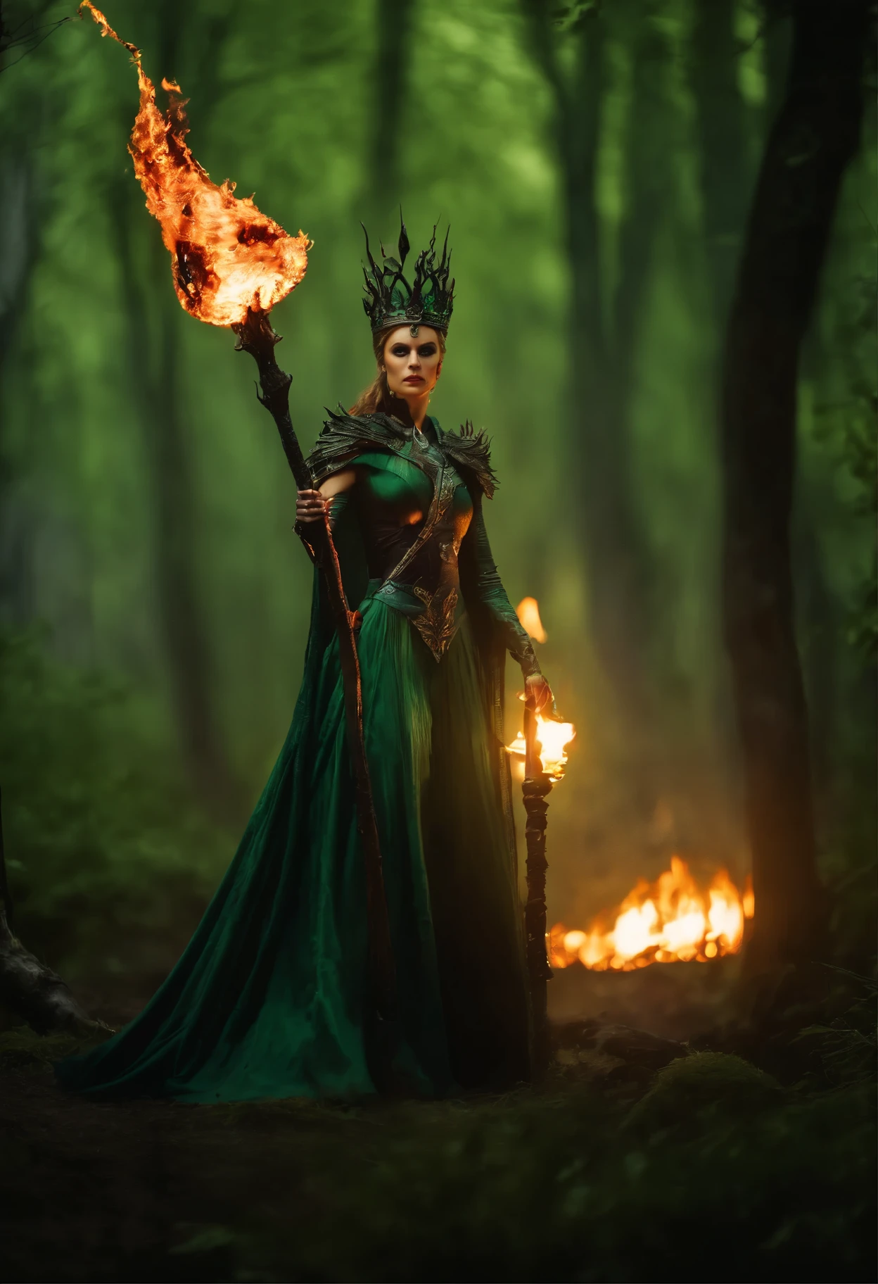a lich-queen in crown with red glowing eyes walks through a swampy forest BREAK holding a long massive staff, ((green magic flame burning in the tip of the staff):1.5) BREAK night, moon, bats, (Best Quality, 16K, Masterpiece, UHD:1.3, Huge detail, hyper realistic, epic scale, insane level of details)