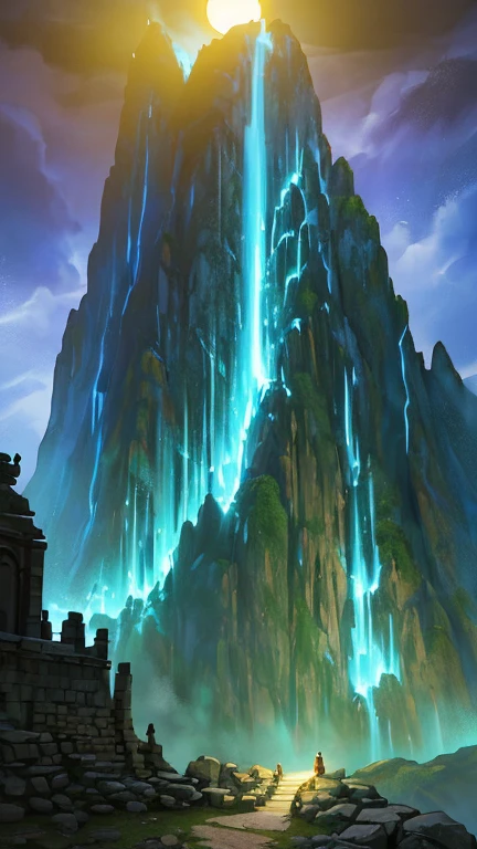 (High definition, high resolution, fantasy film, realistic, realistic comicbook style, fantasy film style), Inca Temple, made of stones, an entrance with some torches, ((Night, moonlight)), ((very dark)), a mountain at the background, ((close shot)), Inca building, Peruvian Inca stonemasonry, mysterious temple, some vegetation around