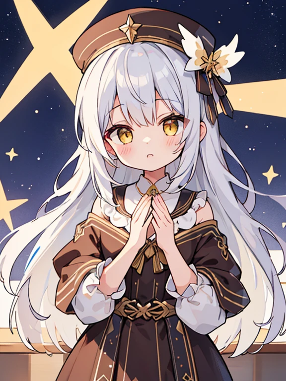 (highest quality)),((table top)),((super detailed)),(figure),(detailed light),(very delicate and beautiful),(8K、1 girl、upon)、silver hair、yellow eyes、Brown-based dress、Dresses with the image of stars、Easy-to-move dress、(brown robes)Background Simple、Upper body、delicate eyes、star eyes、stars in the eyes、Viewer&#39;s perspective、length、adventure hat、pilot cap、incredibly detailed illustrations