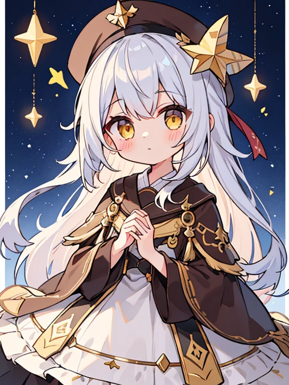 (highest quality)),((table top)),((super detailed)),(figure),(detailed light),(very delicate and beautiful),(8K、1 girl、upon)、silver hair、yellow eyes、Brown-based dress、Dresses with the image of stars、Easy-to-move dress、(brown robes)Background Simple、Upper body、delicate eyes、star eyes、stars in the eyes、Viewer's perspective、length、adventure hat、pilot cap、incredibly detailed illustrations