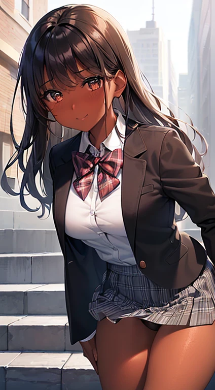 ((desktop, best quality, high quality, artwork, high resolution, nffsw, detailed,pixel perfect, perfect, detailed,absurd graphic, ultra 8K HD, nffsw, nffsw))), 1 dark-skinned woman, single, alone, beauty、full body seen 、 ((medium wavy hair, bangs, bright brown skin, black hair, dark skin)), ((brown eyes, beautiful eyelashes, olive skin, realistic eyes)), ((detailed face, blush: 1,2)), ((soft texture: 0.75, realistic texture: 0.65, photorealistic: 1.1, CG anime style)), medium breasts, dynamic angle, beautiful,perfect body, ((red bow tie, school uniform, black jacket, jacket open, brown cardigan, white shirt, black skirt, plaid skirts)), City staircase、Looking up the stairs from below、Very embarrassing panic smile,wallpaper, I turned around、leaning forward、(The wind blew my skirt and exposed my ass. ........ . .. .. ... ..、Touch the buttocks with both hands、White panties)、