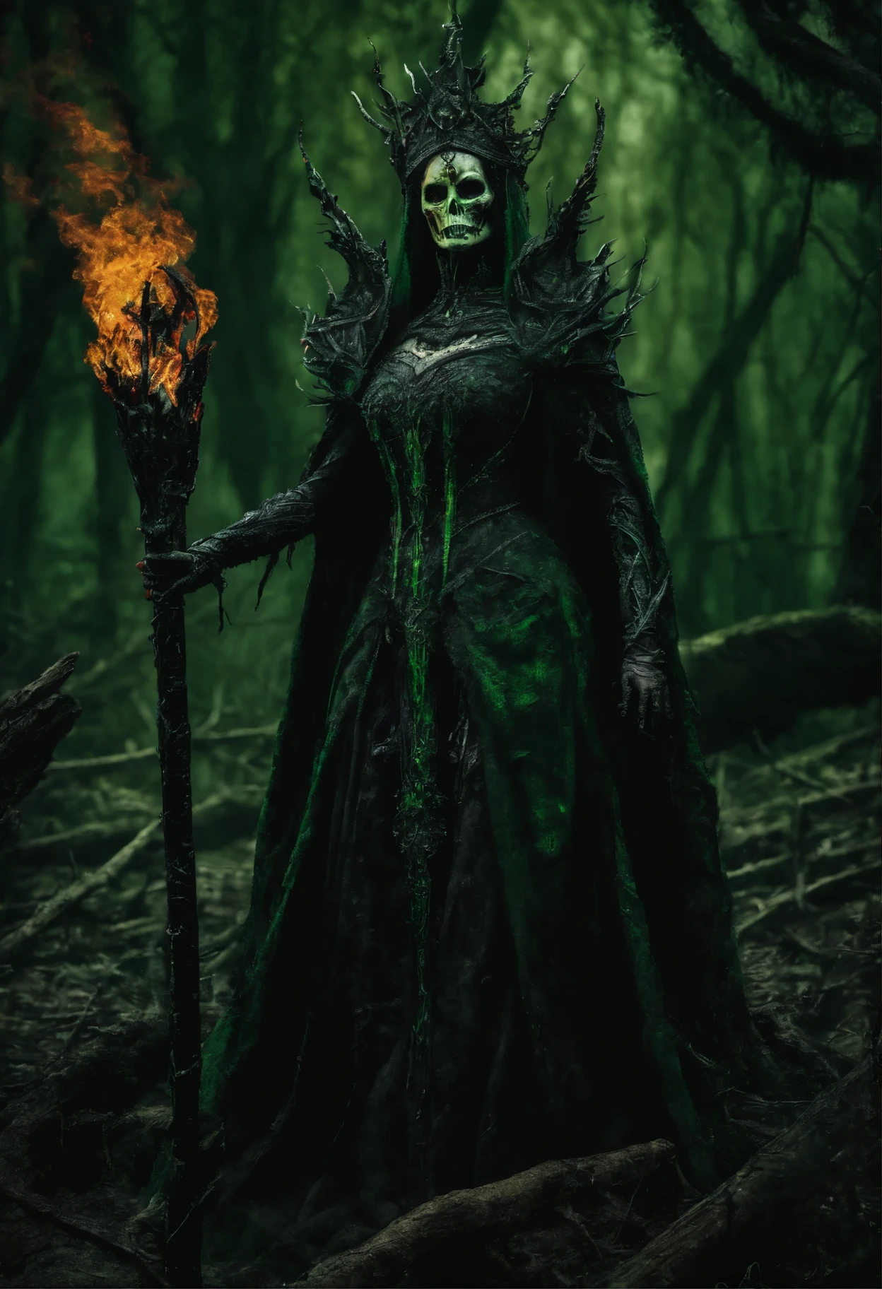 a lich-queen in crown with red glowing eyes walks through a swampy forest BREAK holding a long massive staff, ((green magic flame burning in the tip of the staff):1.5) BREAK night, moon, bats, (Best Quality, 16K, Masterpiece, UHD:1.3, Huge detail, hyper realistic, epic scale, insane level of details)