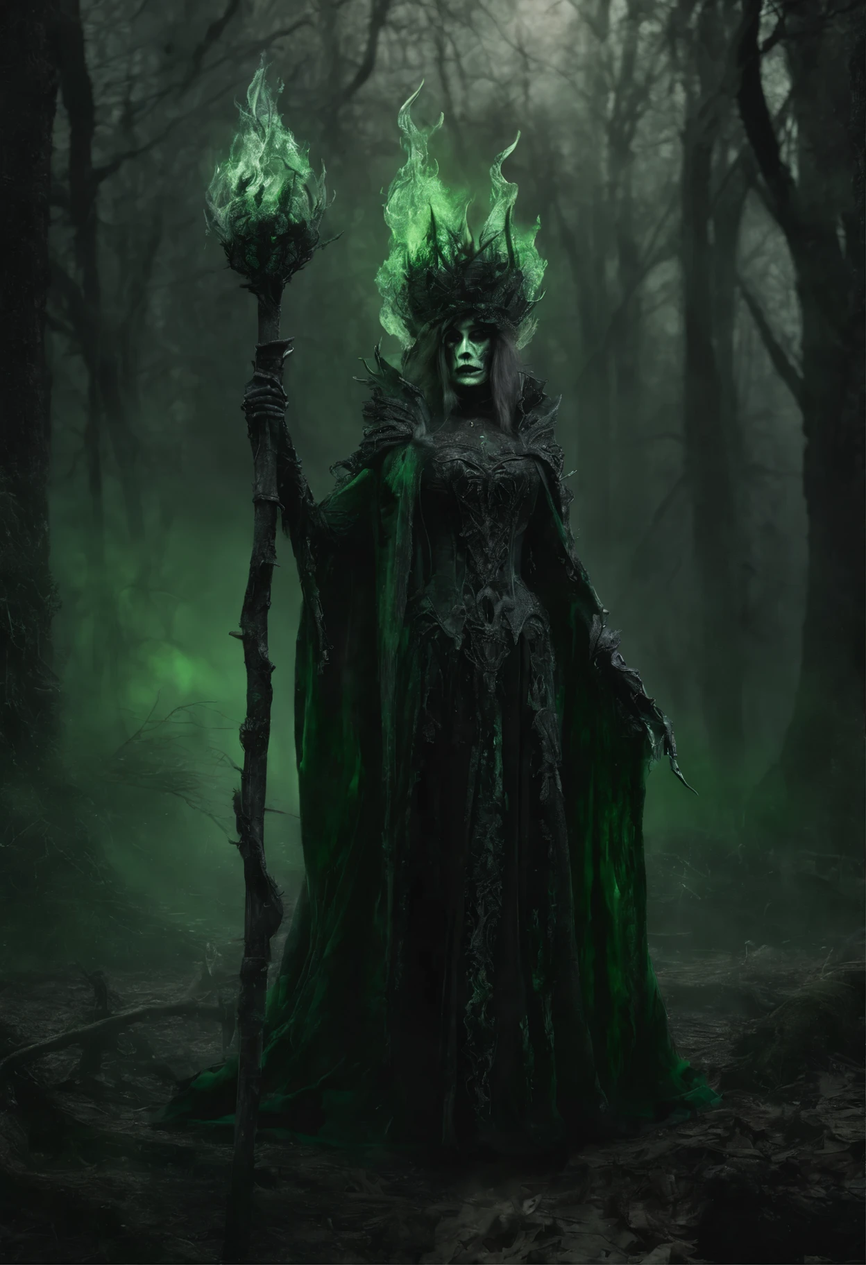 a lich-queen in crown with red glowing eyes walks through a swampy forest BREAK holding a long massive staff, ((green magic flame burning in the tip of the staff):1.5) BREAK night, moon, bats, (Best Quality, 16K, Masterpiece, UHD:1.3, Huge detail, hyper realistic, epic scale, insane level of details)