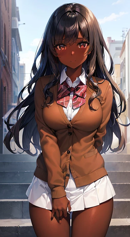 ((desktop, best quality, high quality, artwork, high resolution, nffsw, detailed,pixel perfect, perfect, detailed,absurd graphic, ultra 8K HD, nffsw, nffsw))), 1 dark-skinned woman,beautiful black girl, single, alone, beauty、full body seen 、 ((medium wavy hair, bangs, bright brown skin, black hair, dark skin)), ((brown eyes, beautiful eyelashes, olive skin, realistic eyes)), ((detailed face, blush: 1,2)), ((soft texture: 0.75, realistic texture: 0.65, photorealistic: 1.1, CG anime style)), medium breasts, dynamic angle, beautiful,perfect body, ((red bow tie, school uniform, black jacket, jacket open, brown cardigan, white shirt, black skirt, plaid skirts)), City staircase、Looking up the stairs from below、Very embarrassing panic smile,wallpaper, I turned around、leaning forward、(The wind blew my skirt and exposed my ass. ........ . .. .. ... ..、Touch the buttocks with both hands、White panties)、