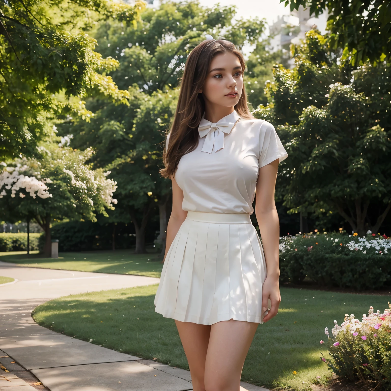 beautiful young girl with brown hair, 20 years old, delicate makeup, slim figure, large breasts, perfect figure, white T-shirt with a bow tie, black short skirt.  high-heeled shoes standing in a park full of flowers