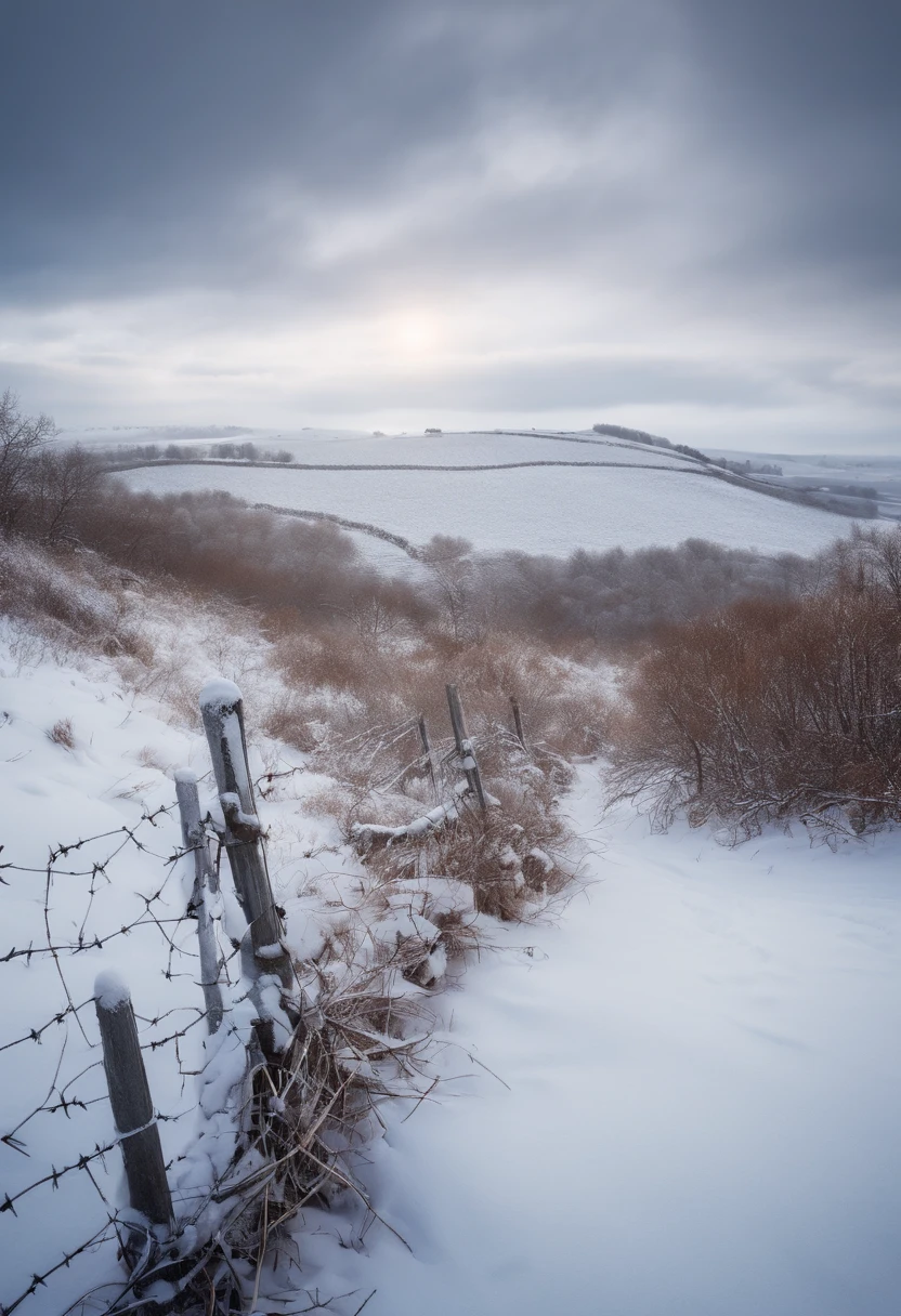 a snowy battlefield with barbed wire and trenches. Soft, soothing music playing in the background.