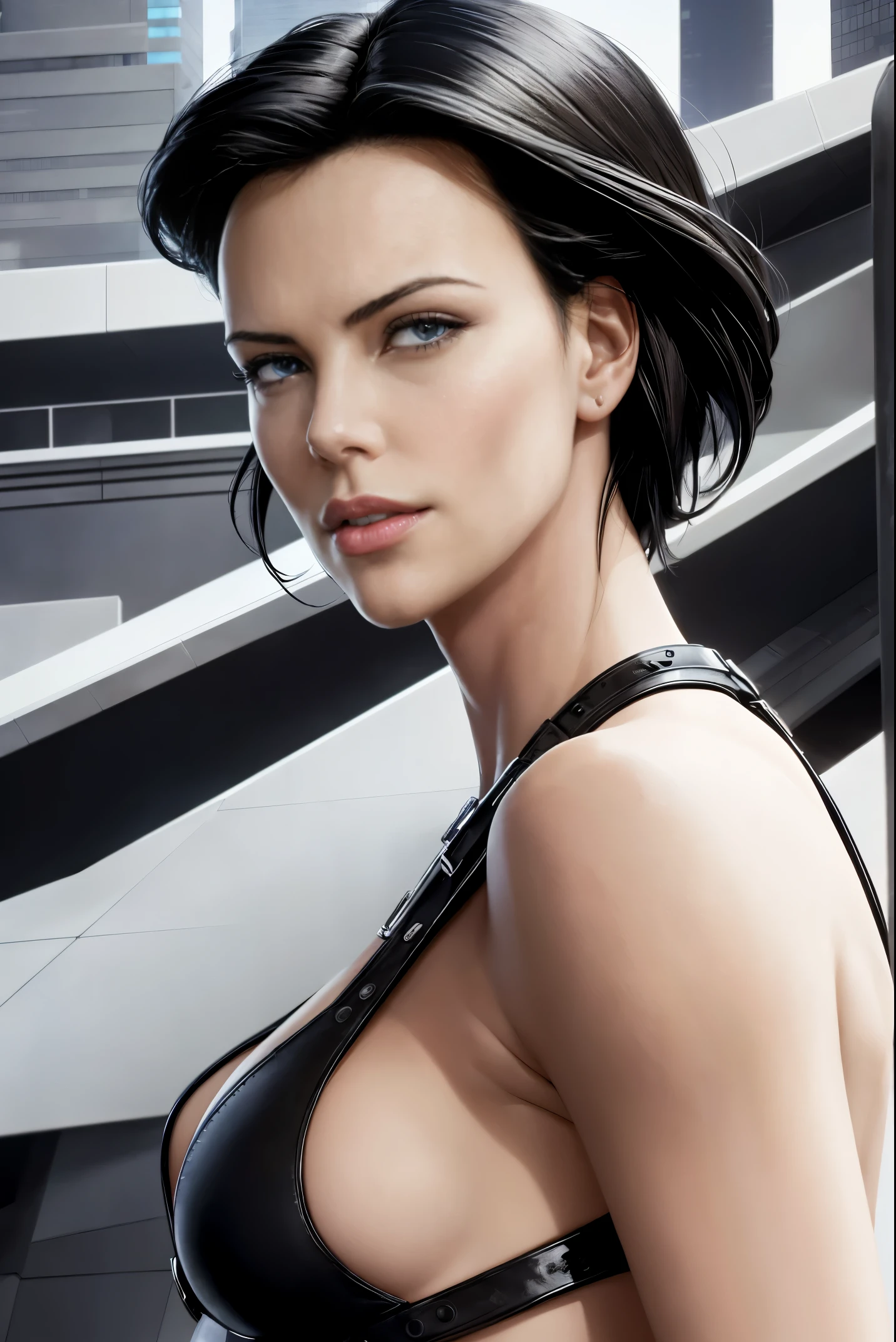 charlize thereon will be depicted in the futuristic world of "Aeon Flux". The artwork will be created using the medium of digital illustration. The image quality should be at its best, with a resolution of 4k or 8k. It should be ultra-detailed and have a realistic, photorealistic appearance. The colors should be vivid and the lighting should be carefully designed to enhance the overall atmosphere of the scene.

In the artwork, Charlize Theron's character will be portrayed with beautiful, detailed eyes and lips. Her face will be extremely detailed, capturing her unique features and expressions. She will be shown in a dynamic pose, reflecting her strong and confident personality. The background will be a futuristic cityscape, showcasing the sci-fi elements of the "Aeon Flux" universe. The city will be presented in a dark and moody color palette, with neon lights illuminating the streets. The composition will have a strong sense of depth, with layers of buildings and structures creating a visually striking image. black hair

The artwork will have a professional and polished look, with sharp focus and ultra-fine painting details. The use of HDR and studio lighting will further enhance the realism of the scene. The overall style of the artwork will be influenced by concept artists, combining elements of science fiction and dystopia. The final result should be a masterpiece that captures the essence of "Aeon Flux" and Charlize Theron's portrayal of the iconic character.