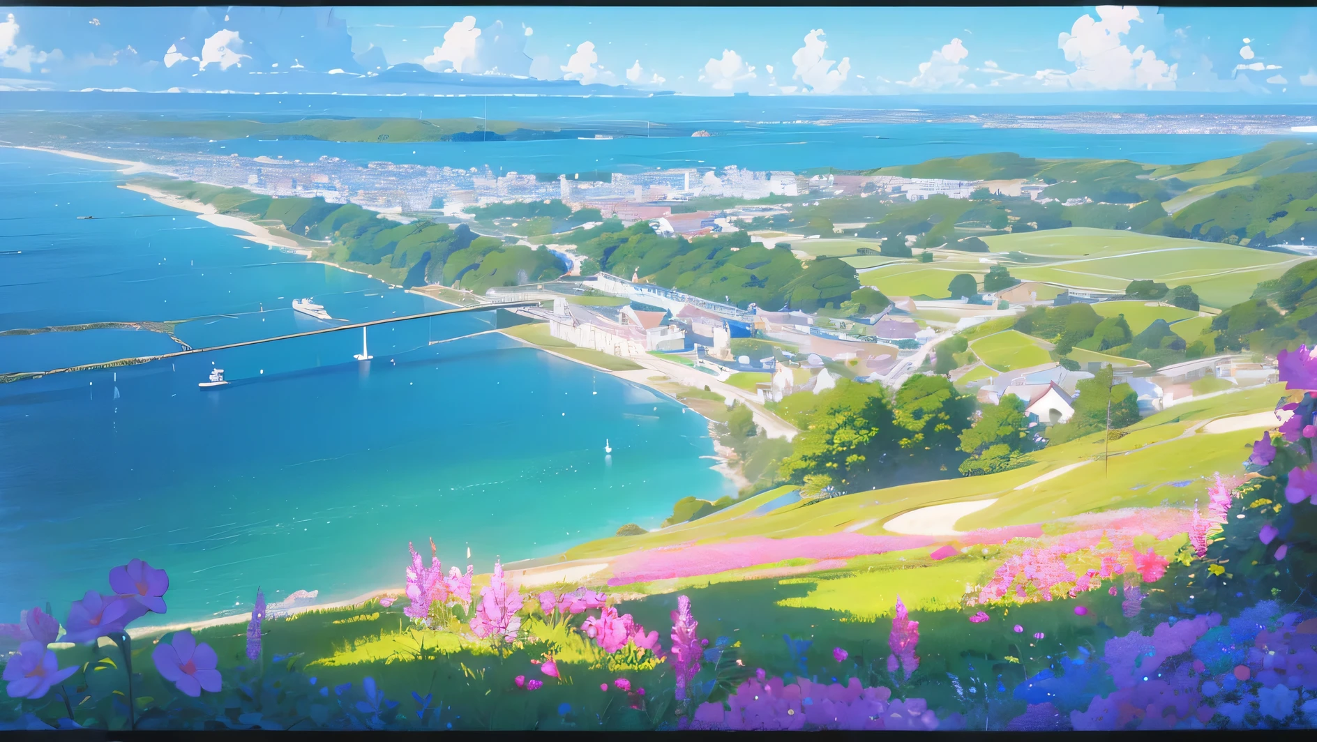 BRIDGERTON PALACE painting of a beach with flowers and a cliff in the background, beautiful wallpaper, flowers sea everywhere, ross tran. scenic background, beach landscape, beautiful art uhd 4 k, anime beautiful peace scene, beautiful beach, beautiful anime scenery, scenery artwork, beautiful anime scene, amazing wallpaper, magnificent background, rhads and thomas kinkade, scenery wallpaper, beautiful scenery