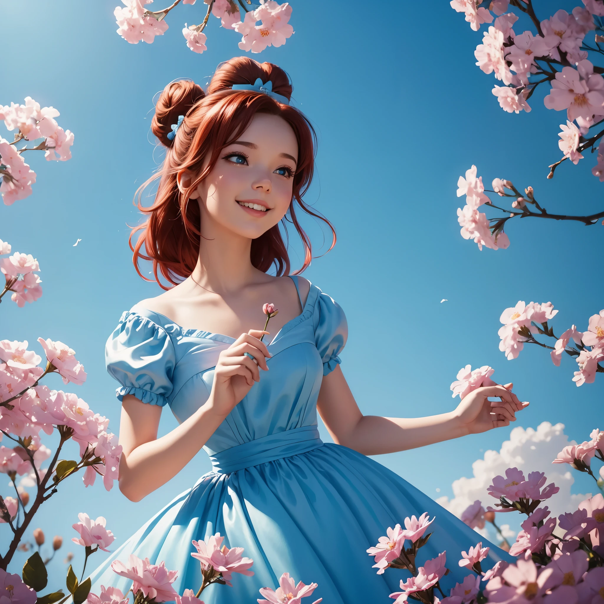 Create a Disney-style brunette princess with a light blue silk dress. red hair, with bright bun, small bow, full body illustration.Looking up. With many flowers in her hands. Turn it into a Disney - Pixar style cartoon illustration. Light blue background with nothing, open eyes, smiles, perfectly centered!! looking up!!! cinematic lighting, gathering, painting by artgerm.