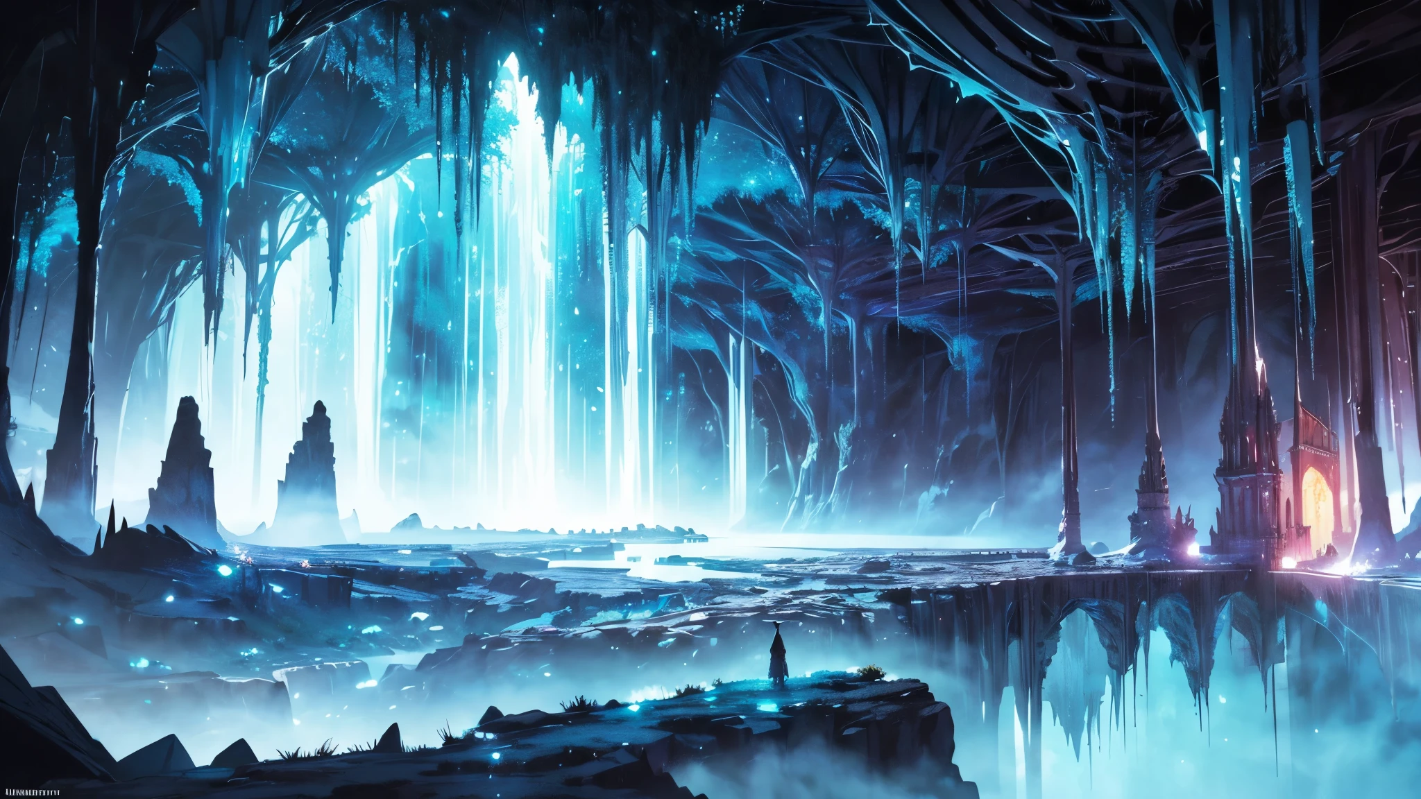 "(by Greg Rutkowski: 1.2), (masterpiece), (best quality), extremely delicate and beautiful, illustration, (fantasy landscape), A mesmerizing fantasy landscape with enchanting elements blending seamlessly. (Majestic crystal cave mine), adorned with vibrant blue hue glow reflecting off the surroundings. A sense of tranquility and wonder fills the air, inviting exploration and discovery, depth of field, HDR, intricate, delicate"