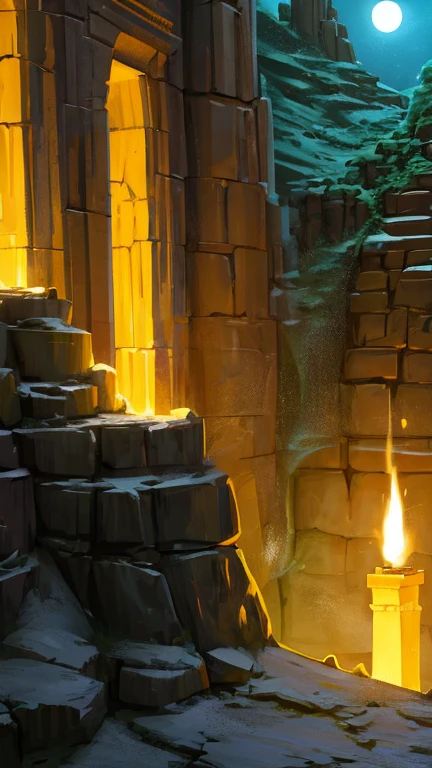 (High definition, high resolution, fantasy film, realistic, realistic comicbook style, fantasy film style), Inca Temple, made of stones, with some torches on the wall, ((Night, moonlight)), ((very dark)), ((close shot)), Inca building, Peruvian Inca stonemasonry, inside of a mysterious temple, some vegetation around, inside of the Inca Temple, Room made of stones, dungeon-looking