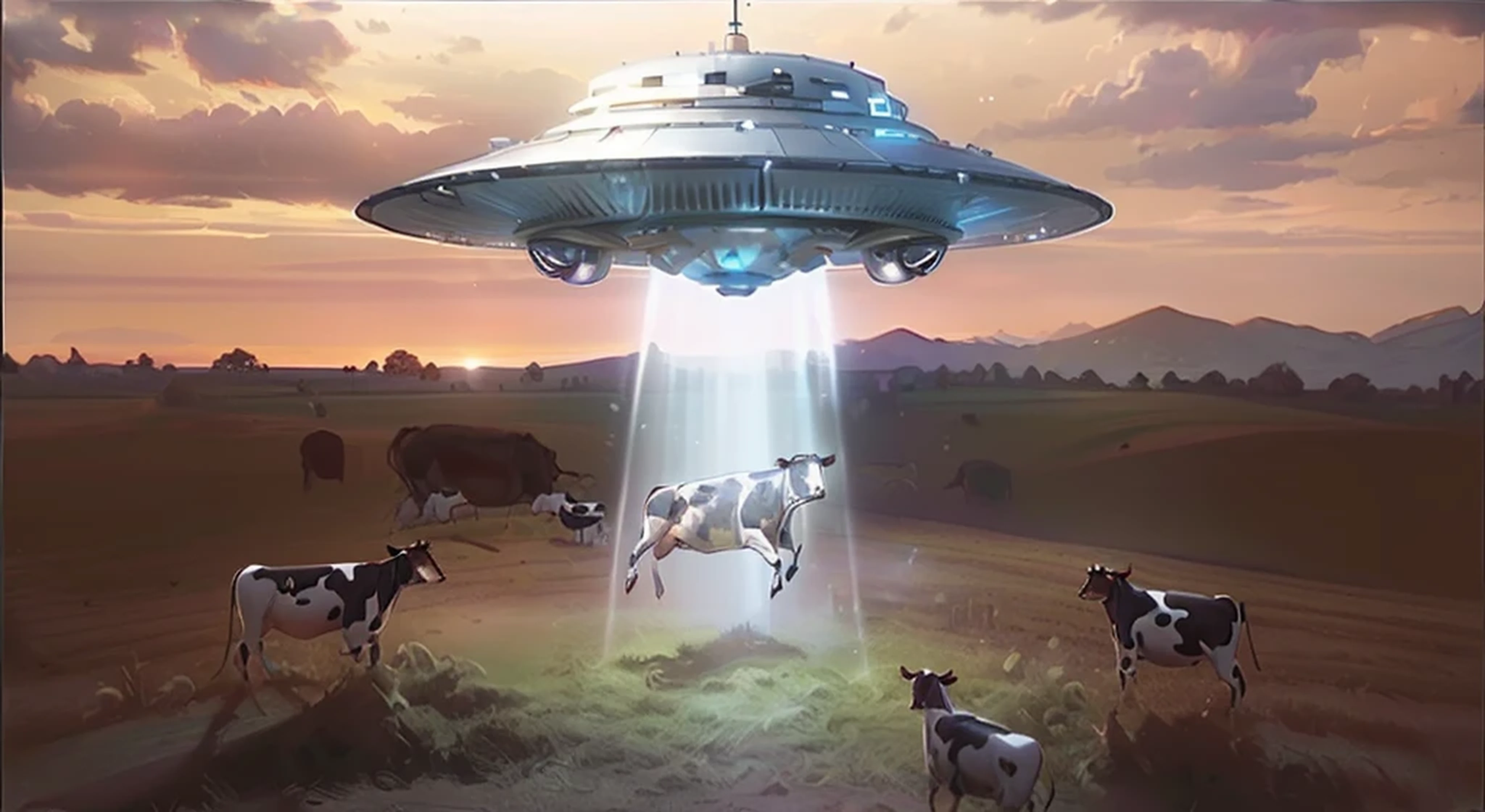 (masterpiece, Best Quality, realistic), (photo realistic:1.37), (Shiny skin), (UHD, 8K wallpaper, High resolution), perfect anatomy, (well drawn hands and fingers), Cinematic Lighting, Physically-based rendering, very_high_resolution, particles, light beam, chromatic aberration, extremely detailed skin, alien flying saucer, beaming 1 cow up to the ship, cows in field, dramatic, dark, comedy, destroy all humans art style.