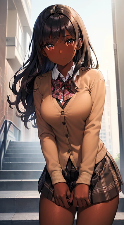 ((desktop, best quality, high quality, artwork, high resolution, nffsw, detailed,pixel perfect, perfect, detailed,absurd graphic, ultra 8K HD, nffsw, nffsw))), 1 dark-skinned woman,beautiful black girl, single, alone, beauty、full body seen 、 ((medium wavy hair, bangs, bright brown skin, black hair, dark skin)), ((brown eyes, beautiful eyelashes, olive skin, realistic eyes)), ((detailed face, blush: 1,2)), ((soft texture: 0.75, realistic texture: 0.65, photorealistic: 1.1, CG anime style)), medium breasts, dynamic angle, beautiful,perfect body, ((red bow tie, school uniform, black jacket, jacket open, brown cardigan, white shirt, black skirt, plaid skirts)), City staircase、Looking up the stairs from below、Very embarrassing panic smile,wallpaper, I turned around、leaning forward、(The wind blew my skirt and exposed my ass. ........ . .. .. ... ..、Touch the buttocks with both hands、White panties)、