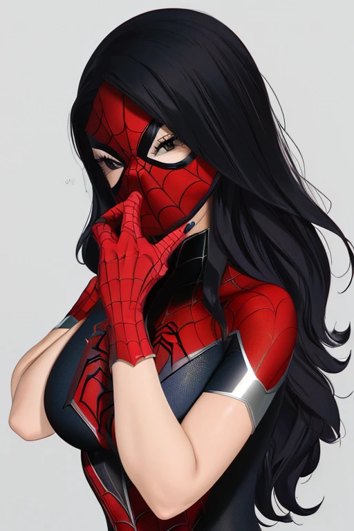 (obra de arte), (melhor qualidade), high resolution, Kei1, 1 garota, Sozinho, olhos azuis, Cabelo longo, (((wears a detailed black female Spider-Man costume with mask)))), fita em forma de teia de aranha, franja, Cabelo longo and price, clavicle, cabelo grisalho, faixa de cabelo preto, neck ribbon, cabelo entre os olhos, Medium sized breasts, tiro de vaqueiro, sorriso, ((Anatomically correct detailed body with error-free detailed hands)), ((Ela tem pose de batalha)), (She's shooting cobwebs like Spider-Man, mas com gelo afiado), (Detailed full scenario) just with the mask on my face covering my eyes