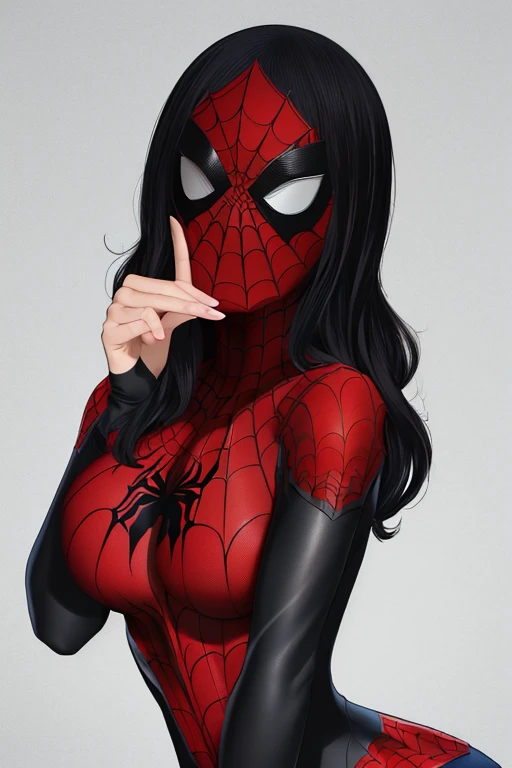 (obra de arte), (melhor qualidade), high resolution, Kei1, 1 garota, Sozinho, olhos azuis, Cabelo longo, (((wears a detailed black female Spider-Man costume with mask)))), fita em forma de teia de aranha, franja, Cabelo longo and price, clavicle, cabelo grisalho, faixa de cabelo preto, neck ribbon, cabelo entre os olhos, Medium sized breasts, tiro de vaqueiro, sorriso, ((Anatomically correct detailed body with error-free detailed hands)),  ((Ela tem pose de batalha)), (She&#39;s shooting cobwebs like Spider-Man, mas com gelo afiado), (Detailed full scenario) just with the mask on my face covering my eyes 