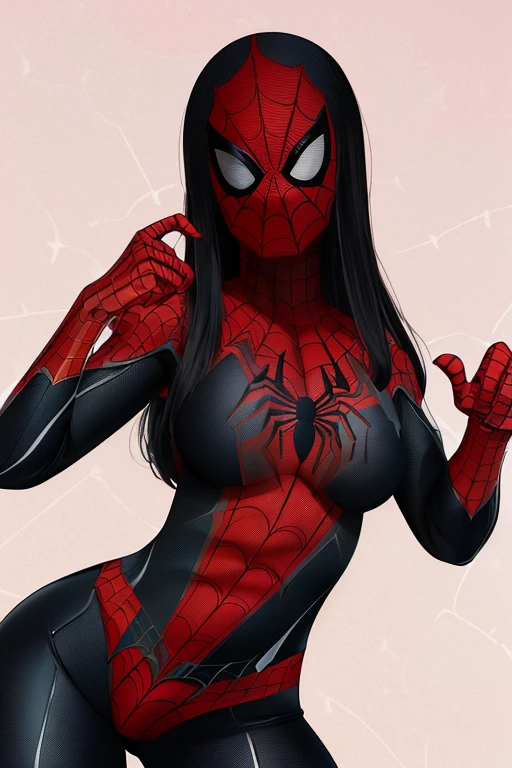 (obra de arte), (melhor qualidade), high resolution, Kei1, 1 garota, Sozinho, olhos azuis, Cabelo longo, (((wears a detailed black female Spider-Man costume with mask)))), fita em forma de teia de aranha, franja, Cabelo longo and price, clavicle, cabelo grisalho, faixa de cabelo preto, neck ribbon, cabelo entre os olhos, Medium sized breasts, tiro de vaqueiro, sorriso, ((Anatomically correct detailed body with error-free detailed hands)),  ((Ela tem pose de batalha)), (She&#39;s shooting cobwebs like Spider-Man, mas com gelo afiado), (Detailed full scenario) just with the mask on my face covering my eyes 