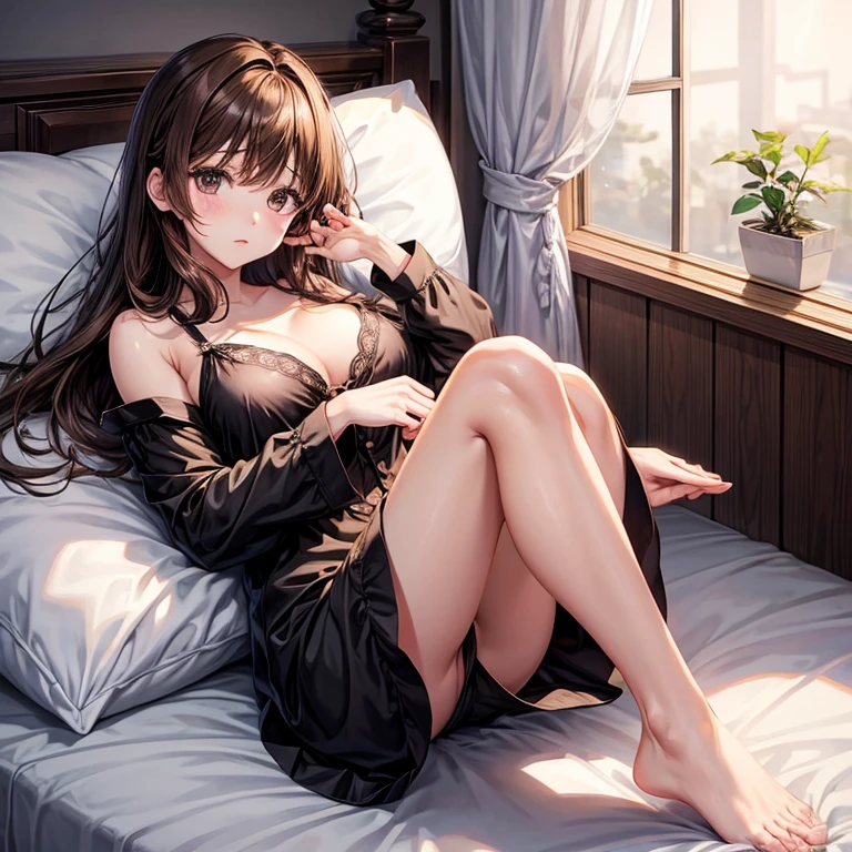 anime、beautiful girl、brown hair、black eyes shine、pajamas、sleepy、beautiful breasts、thin legs