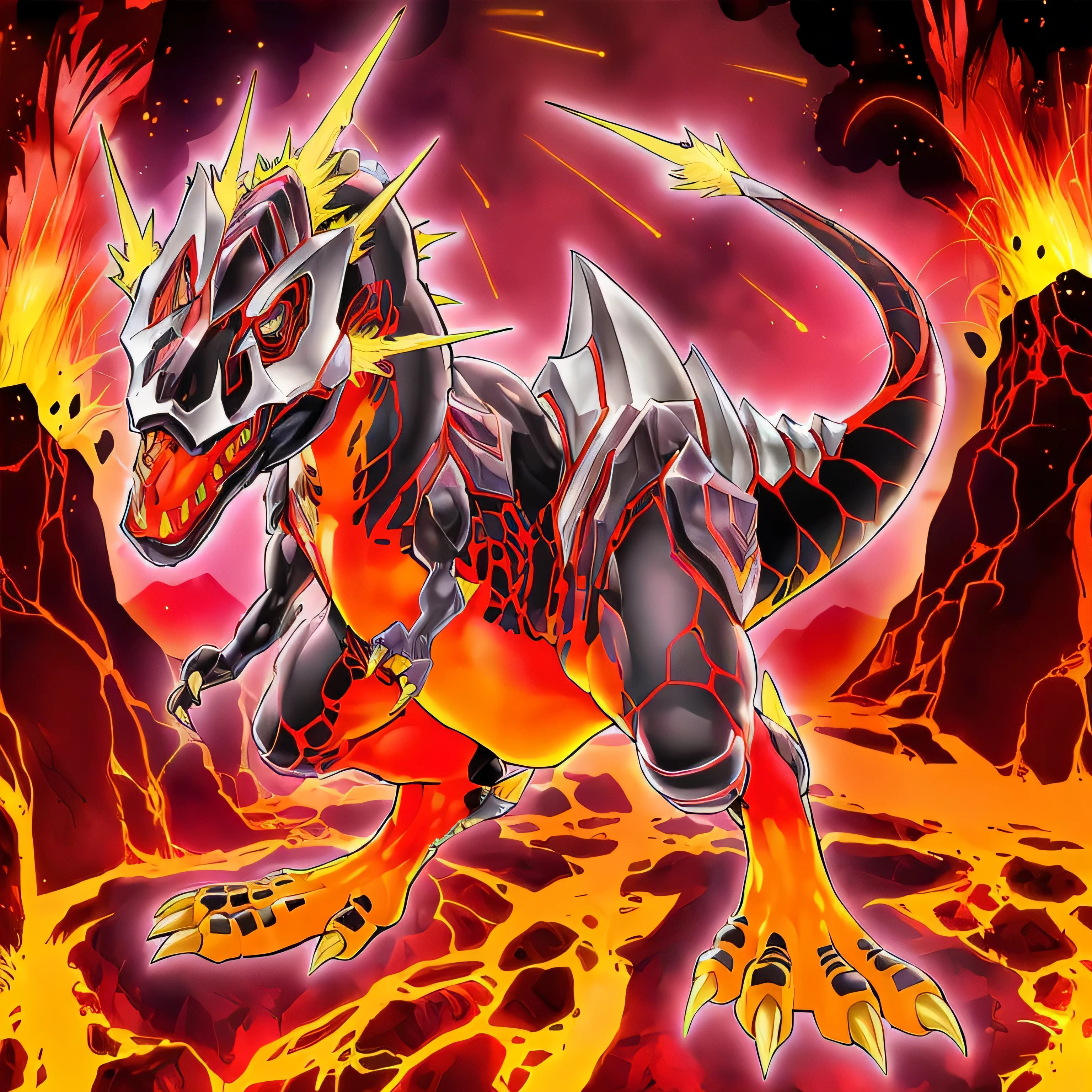 there is a cartoon of a dragon with fire coming out of it, colossal dragon as background, fiery battle coloring, slifer the sky dragon, flame conjuring armored, fire dragon, legendary dragon, colossal dragon in background, zoids art, ruler of inferno, trex, dragon made out of molten lava, well armored mech dragon, draconic looking armor