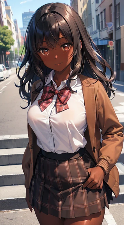 ((desktop, best quality, high quality, artwork, high resolution, nffsw, detailed,pixel perfect, perfect, detailed,absurd graphic, ultra 8K HD, nffsw, nffsw))), 1 dark-skinned woman,beautiful black girl, single, alone, beauty、full body seen 、 ((medium wavy hair, bangs, bright brown skin, black hair, dark skin)), ((brown eyes, beautiful eyelashes, olive skin, realistic eyes)), ((detailed face, blush: 1,2)), ((soft texture: 0.75, realistic texture: 0.65, photorealistic: 1.1, CG anime style)), medium breasts, dynamic angle, beautiful,perfect body, ((red bow tie, school uniform, black jacket, jacket open, brown cardigan, white shirt, black skirt, plaid skirts)), City staircase、Looking up the stairs from below、Very embarrassing panic smile,wallpaper, I turned around、leaning forward、(The wind blew my skirt and exposed my ass. ........ . .. .. ... ..、Touch the buttocks with both hands、White panties)、