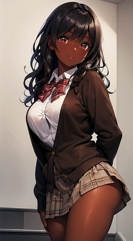 4K Quality, on the bed, grinning, sexy pose, plaid miniskirt, six-pack abs, spreading legs, naked, dark skinned, thick thighs, big breasted, big ass, looking at viewer, braided hair, amber eyes, night time, bedroom eyes, full body,