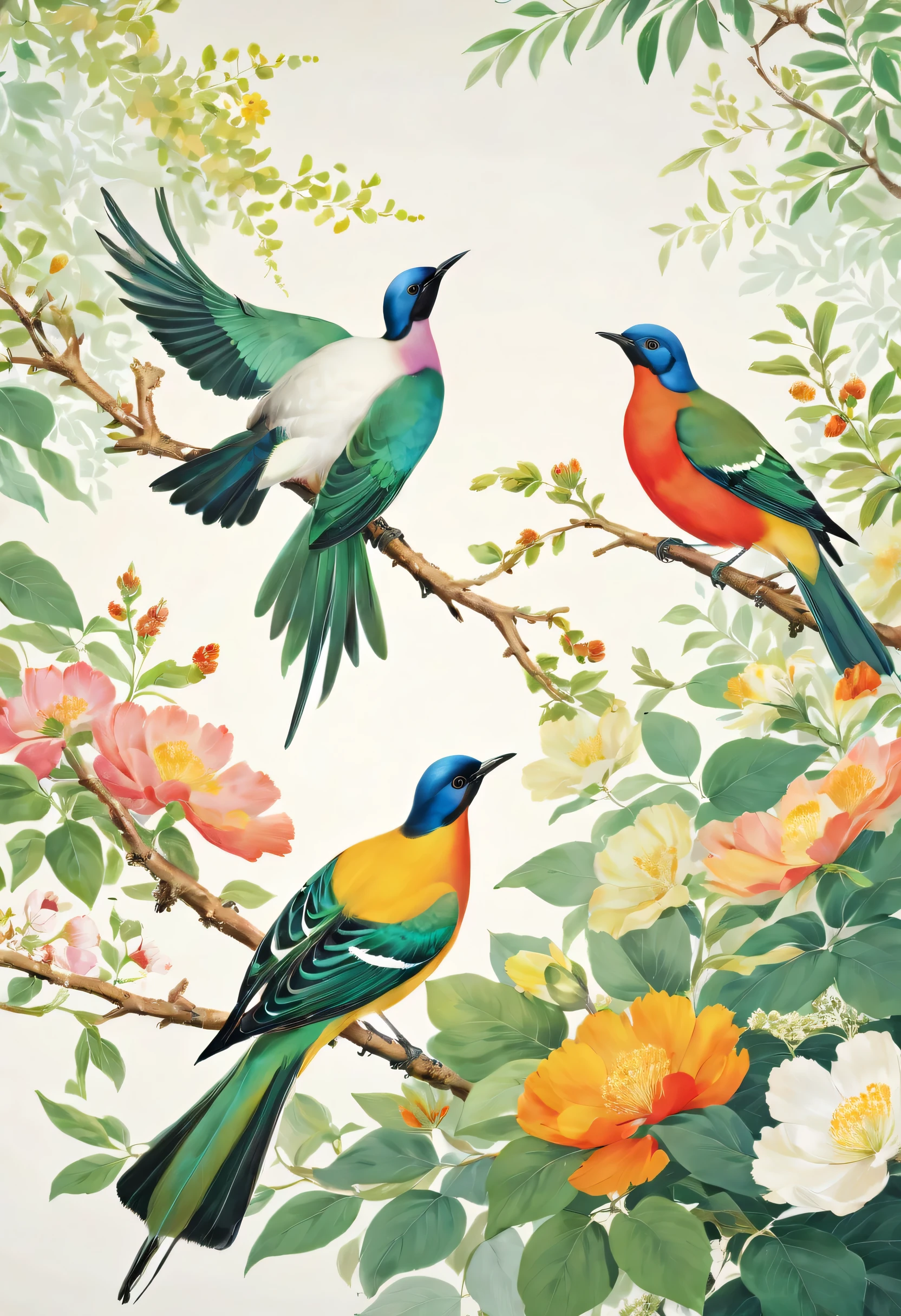 a vibrant celebration of the beauty of wild birds. This exuberant print brings to life a symphony of colors and patterns inspired by nature.&#39;the most fascinating birds.. Com uma paleta de tons vivos, desde azuis celestiais a verdes exuberantes e amarelos radiantes, cada pena e detalhe ganha destaque, creating a dynamic and energetic work of art.