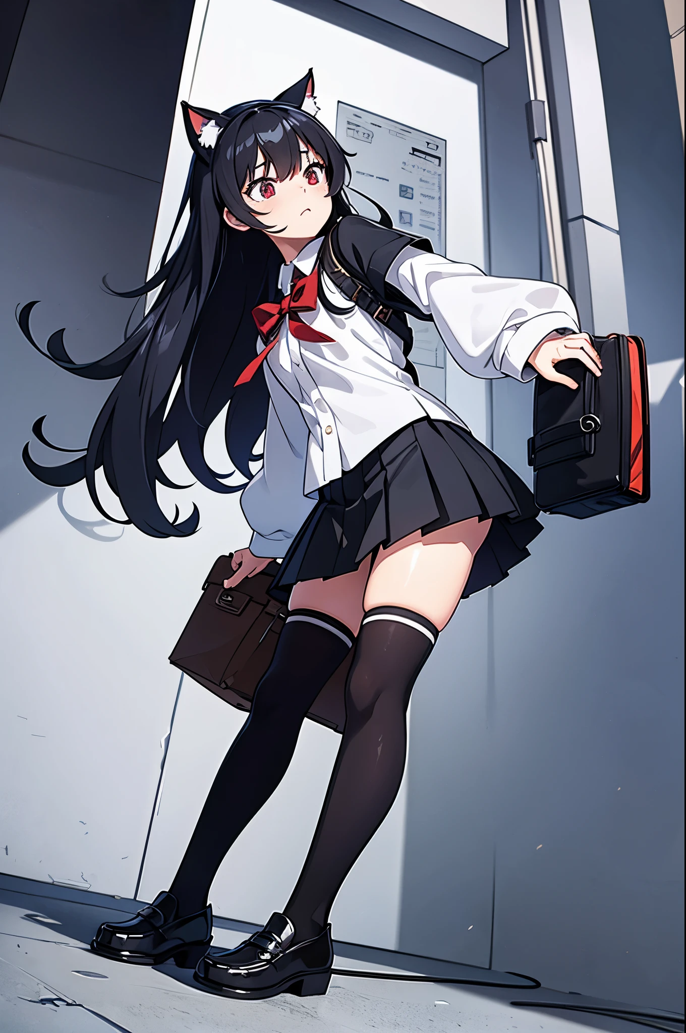 1 woman, black and white multi colored hair, cat ears, rpg video game styled tunic, box pleat skirt, black school thigh-highs, loafers, pushing back hair, adjusting foot in shoe, school background, full body portrait.