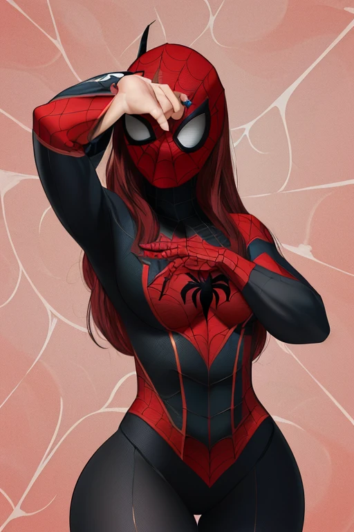 (obra de arte), (melhor qualidade), high resolution, Kei1, 1 garota, Sozinho, olhos azuis, Cabelo longo, (((wears a detailed black female Spider-Man costume with a mask just covering her eyes)))), fita em forma de teia de aranha, franja, Cabelo longo and price, clavicle, cabelo grisalho, faixa de cabelo preto, neck ribbon, cabelo entre os olhos, Medium sized breasts, tiro de vaqueiro, sorriso, ((Anatomically correct detailed body with error-free detailed hands)),  ((Ela tem pose de batalha)), (She&#39;s shooting cobwebs like Spider-Man, mas com gelo afiado), (Detailed full scenario) just with the mask on my face covering my eyes 