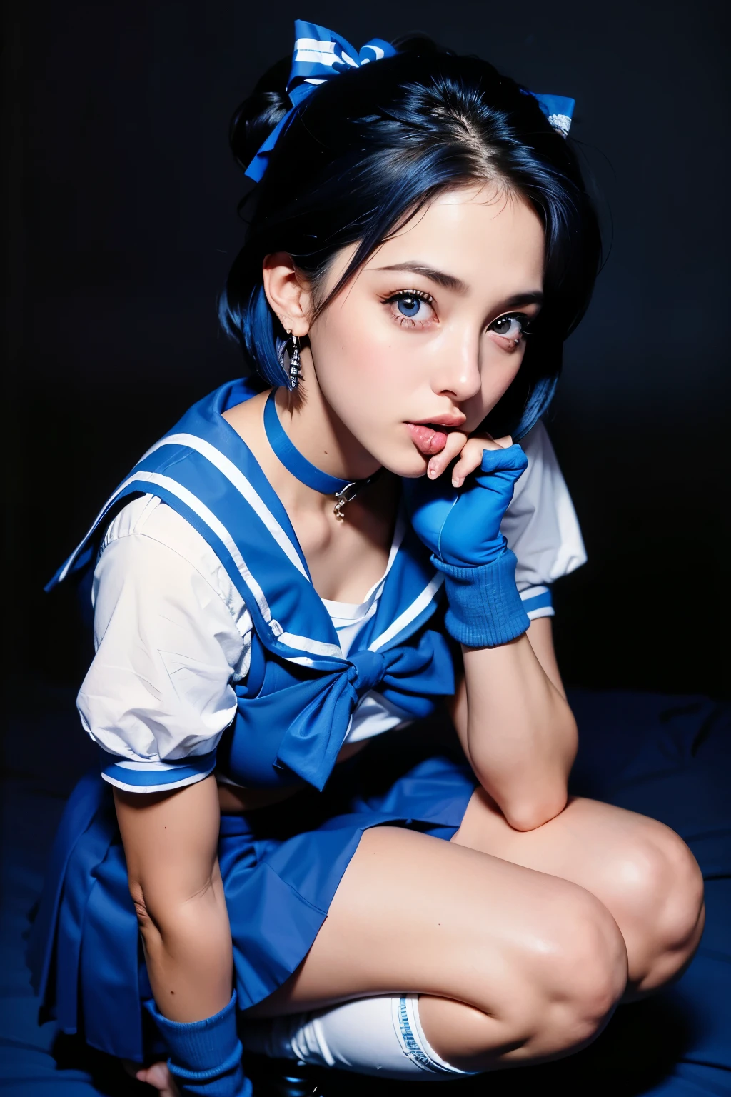 ((( 1 mujer de 20 años levantando su falda con una mano, small breasts, gloves, labios abiertos y mostrando la lengua, solo, sailor mercury, blue eyes, uniform, sailor senshi uniform, falda arriba, falda levantada))) , lying down on the bed, from behind, on all fours, (RAW photo, best quality), masterpiece, absurdities, sexy, short floating blue hair, blue sailor collar, bow, (knee-high boots: 1.1), choker, white gloves, blue choker, elbow-length gloves, jewelry, earrings, blue skirt, sole, full body, symmetrical body, blue hair, (perfect hands ), octane depiction, water divinity, finely detailed beautiful eyes, looking at viewer, contrast style, in a dark room, octane line art, ((abriendo la boca)),