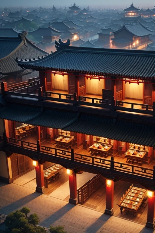 ancient china stone building restaurant or tavern with a deck bird's eye view multiple stories