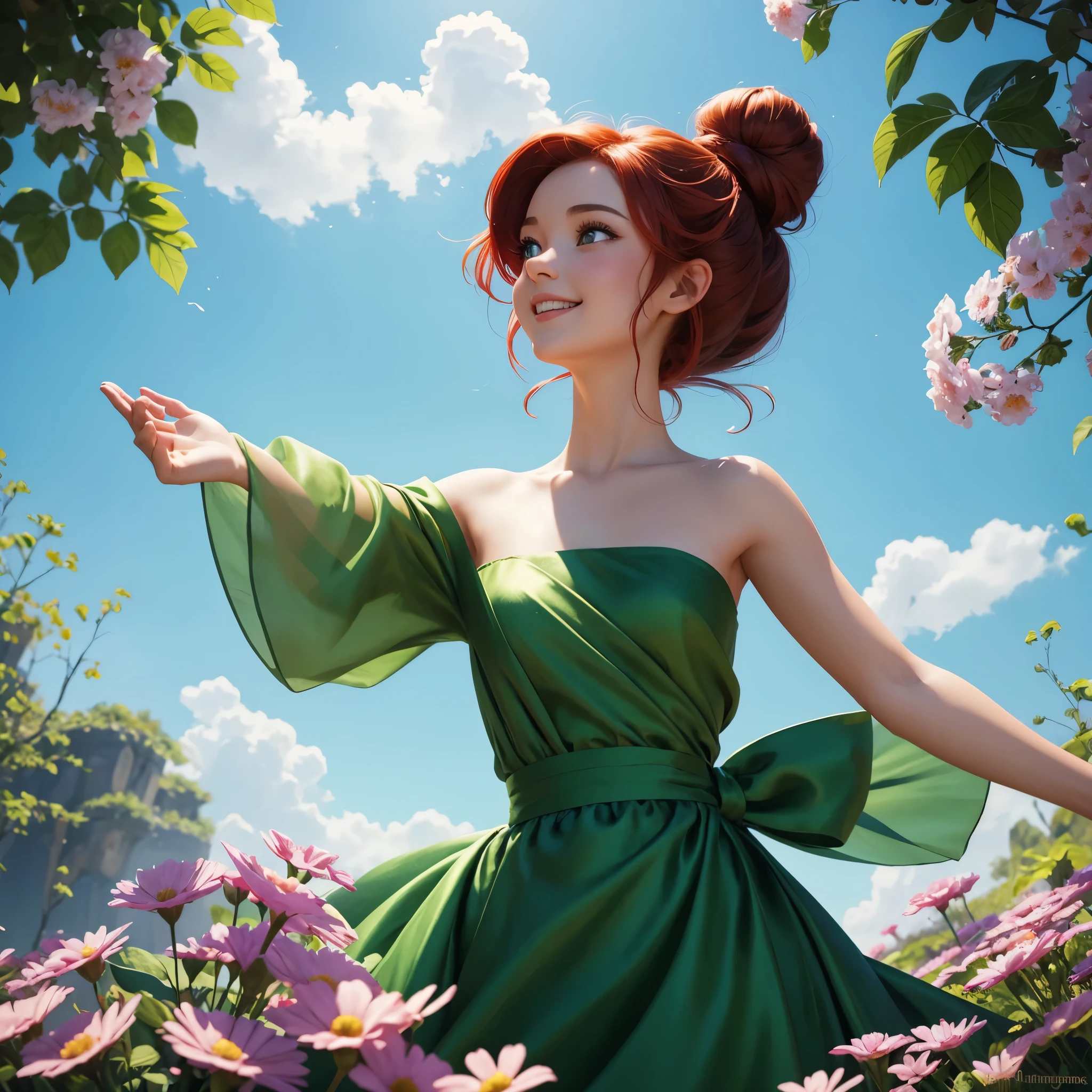 Create a Disney-style brunette princess with a green silk dress. red hair, with bright bun, small bow, full body illustration.Looking up. With many flowers in her hands. Turn it into a Disney - Pixar style cartoon illustration. Light blue background with nothing, open eyes, smiles, perfectly centered!! looking up!!! cinematic lighting, gathering, painting by artgerm.