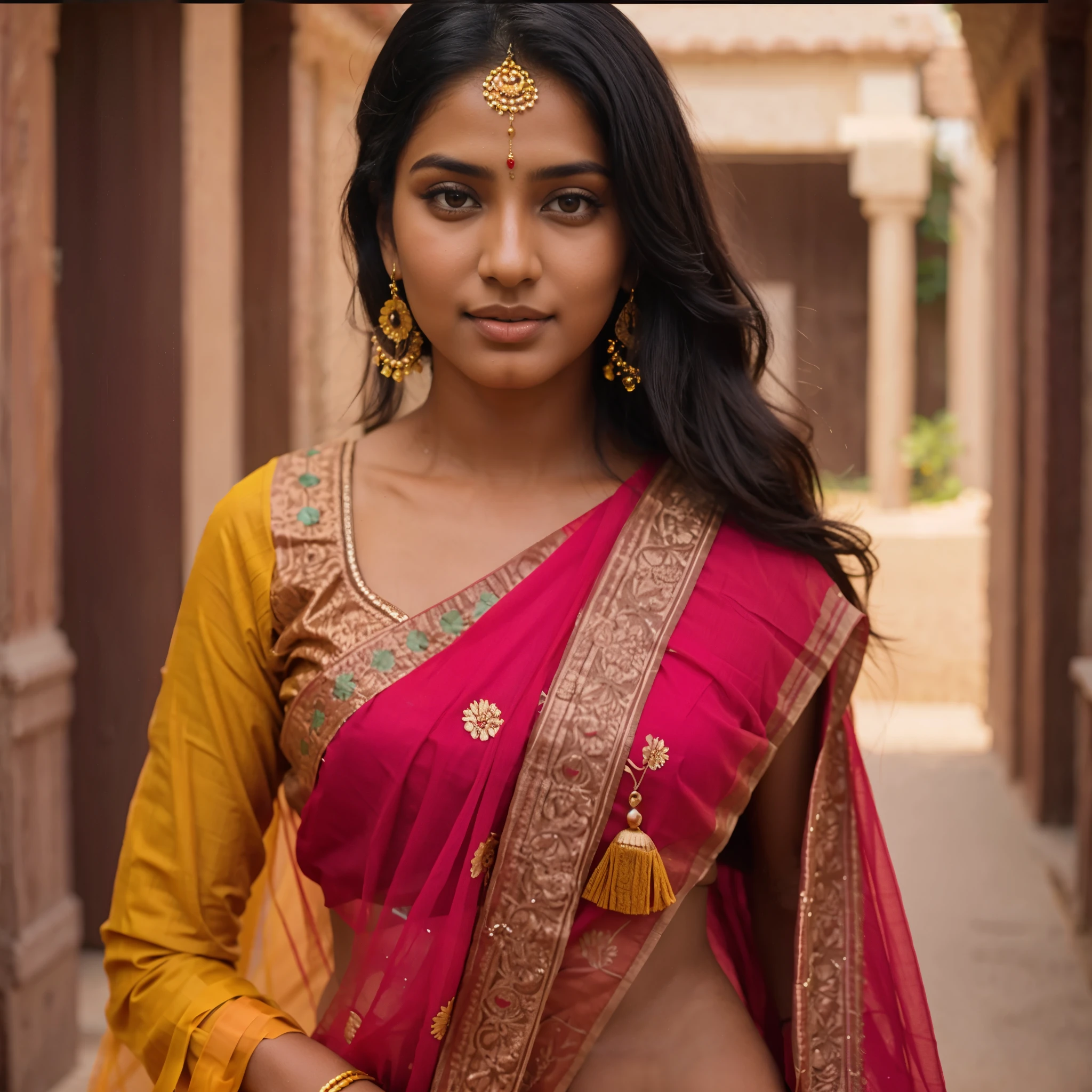 a beautiful Indian model, wearing traditional yellow Indian attire, posing in her garden, athlete body, brown eyes, black hairs, Indian skin tone, realistic skin texture