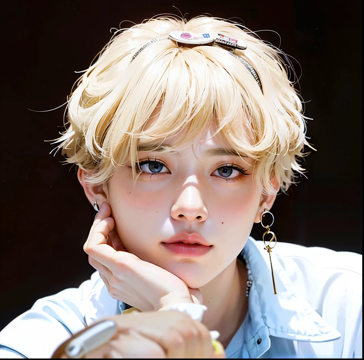 un primer plano de una persona con una banda para el cabello, cai xukun, Jimin\los labios carnosos, Jimin, kim doyoung, taehyung comiendo papas fritas gucci, accurate Jimin face, Jimin\his right eyelid is swollen, park Jimin, Jimin\la nariz griega, pale korean adorable face, TaeJune Kim, inspirado en Kun Can, jungkook