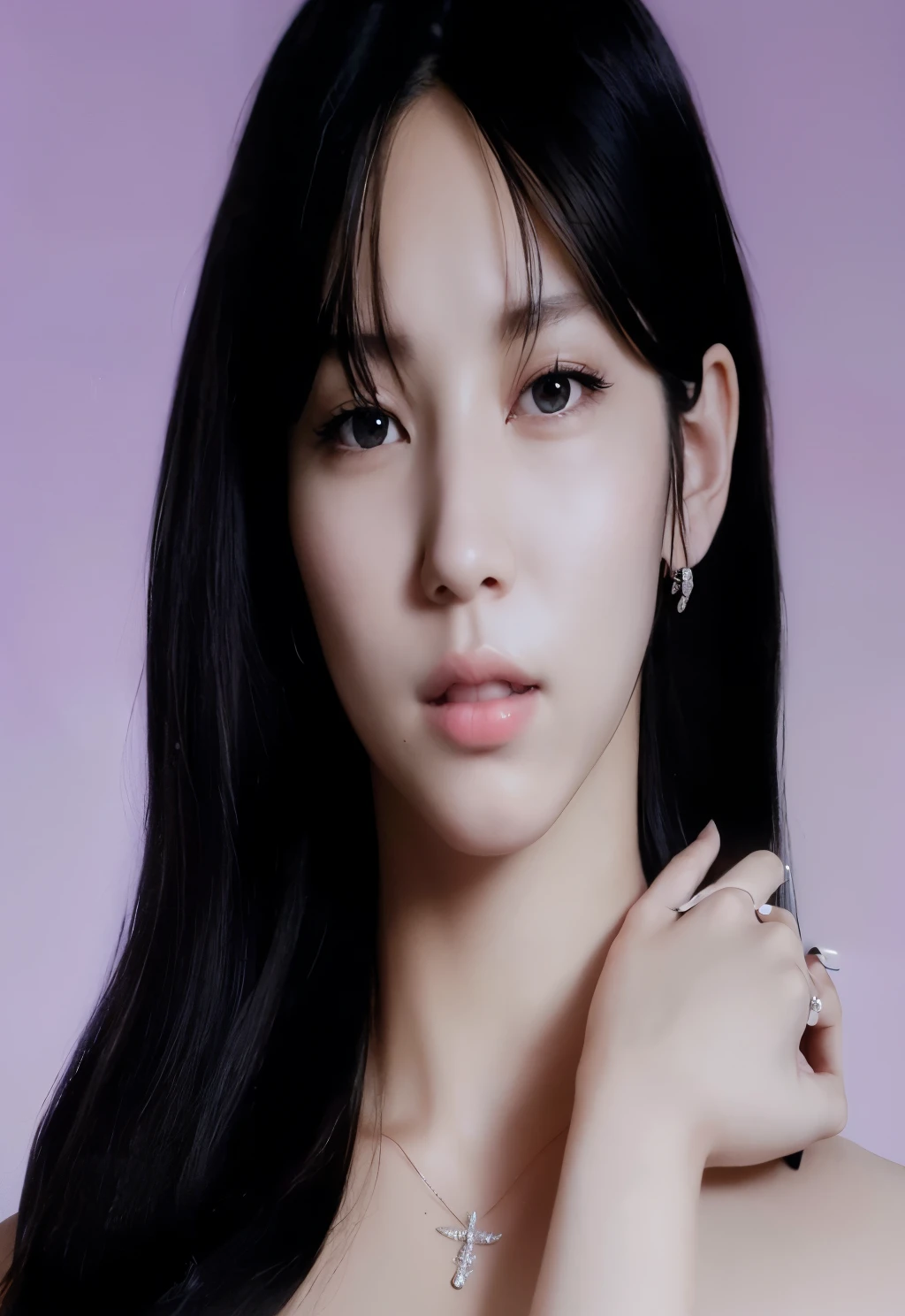 a close up of a woman with long black hair wearing a white dress, portrait of Karina of aespa, aespa Karina, portrait portrait of female korean idol, Karina of aespa, aespa Karina