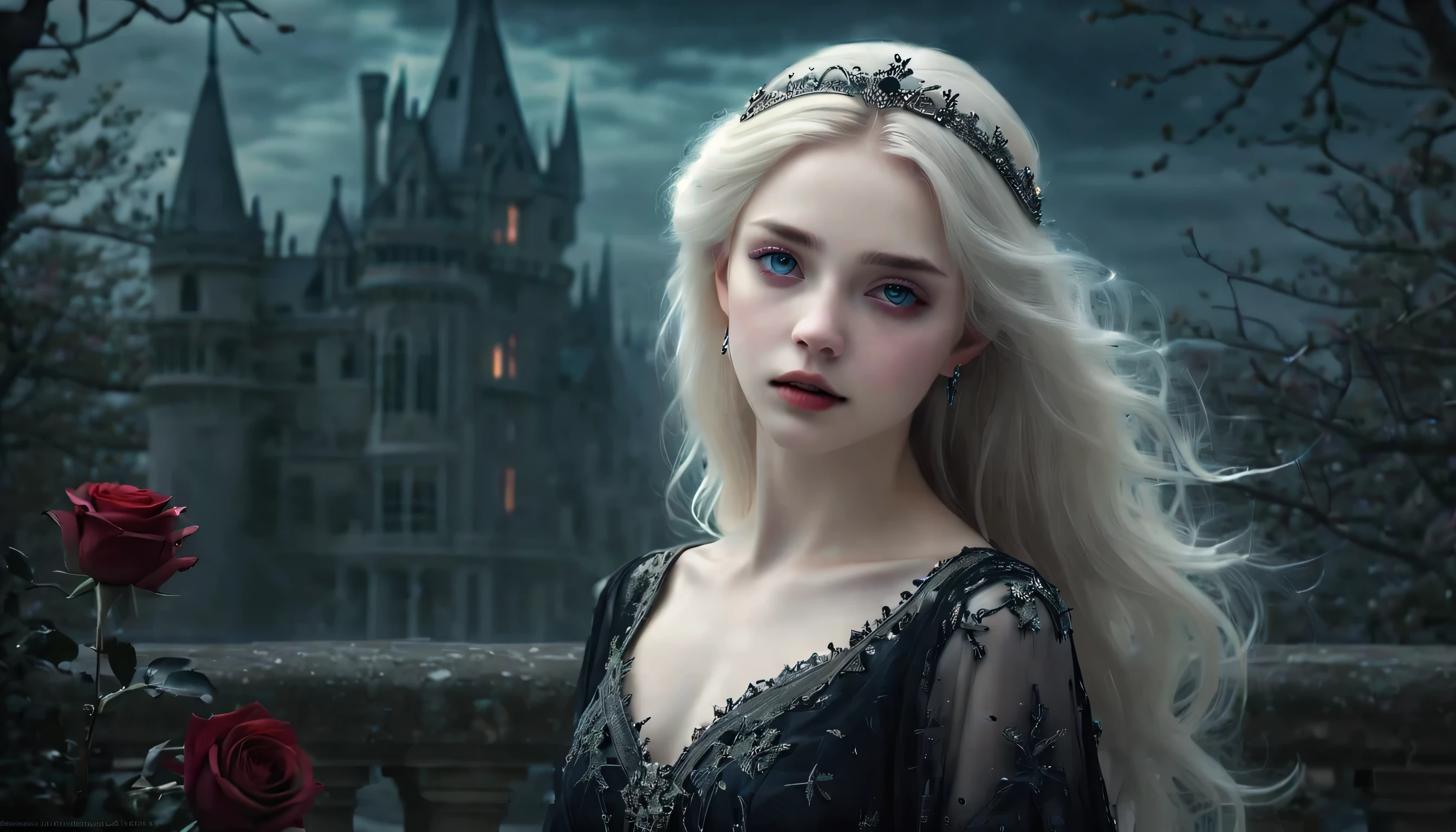 Vampire Princess,16 years old,breathtakingly beautiful,blue eyes,whitish blonde hair,(best quality,4k,8k,highres,masterpiece:1.2),ultra-detailed,(realistic,photorealistic,photo-realistic:1.37),softly glowing pale skin,pure blooded,porcelain-like complexion,elegant and refined features,graceful posture,dark and mysterious atmosphere,gothic fashion,flowing black lace dress,touch of red in her clothes,dainty silver jewelry with ruby accents,subtle yet captivating smile,slightly pointed canines,translucent wings resembling bat wings,subtle shimmering effect on her wings,gardens filled with blooming blood roses,vivid red petals contrasted with the darkness,enchanting moonlit night,dark and hauntingly beautiful castle in the background,splashes of moonlight illuminating her ethereal beauty,dark shadows and dramatic lighting,icy stare that freezes the hearts of those who dare to meet her gaze,air of authority and power,symbol of both danger and allure,night sky filled with swirling mist and sparkling stars,subtle color palette with shades of deep blue,purple,and black,subdued lighting with soft moonlight casting an ethereal glow,vibrant yet elegant style,with a touch of darkness and mystery,portraits,fantasy,horror.