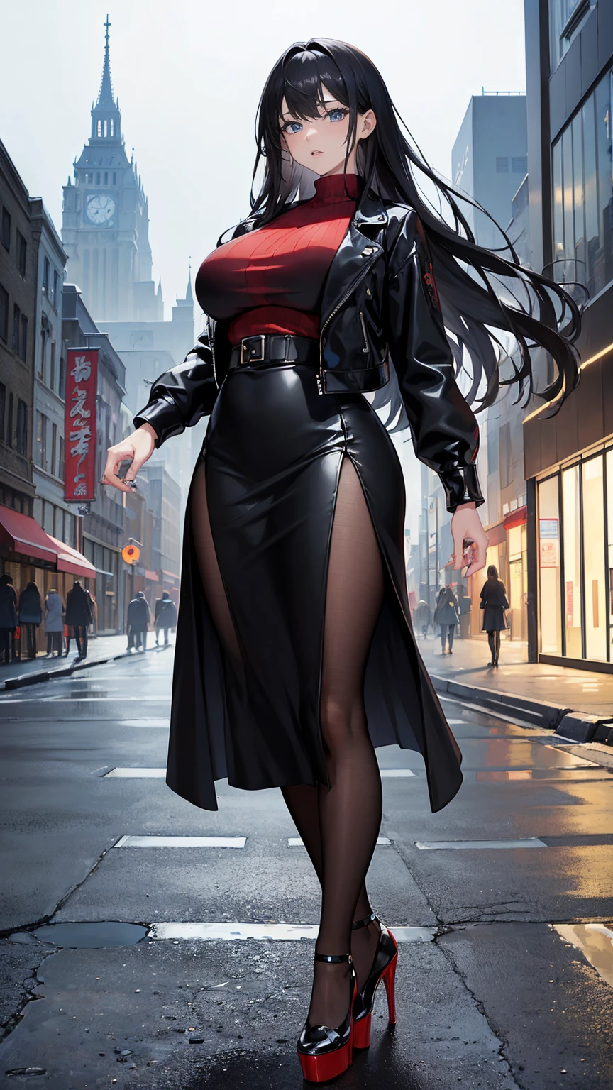 ((masterpiece, high resolution, best quality, best details, anime)), a mature woman standing on the street, black leather jacket, (open jacket), black stocking, pumps platform high heels, ((long skirt)), black skirt, ((red blouse)), long hair, black hair, blue eyes, cityscape, winter, at night, curvy body,