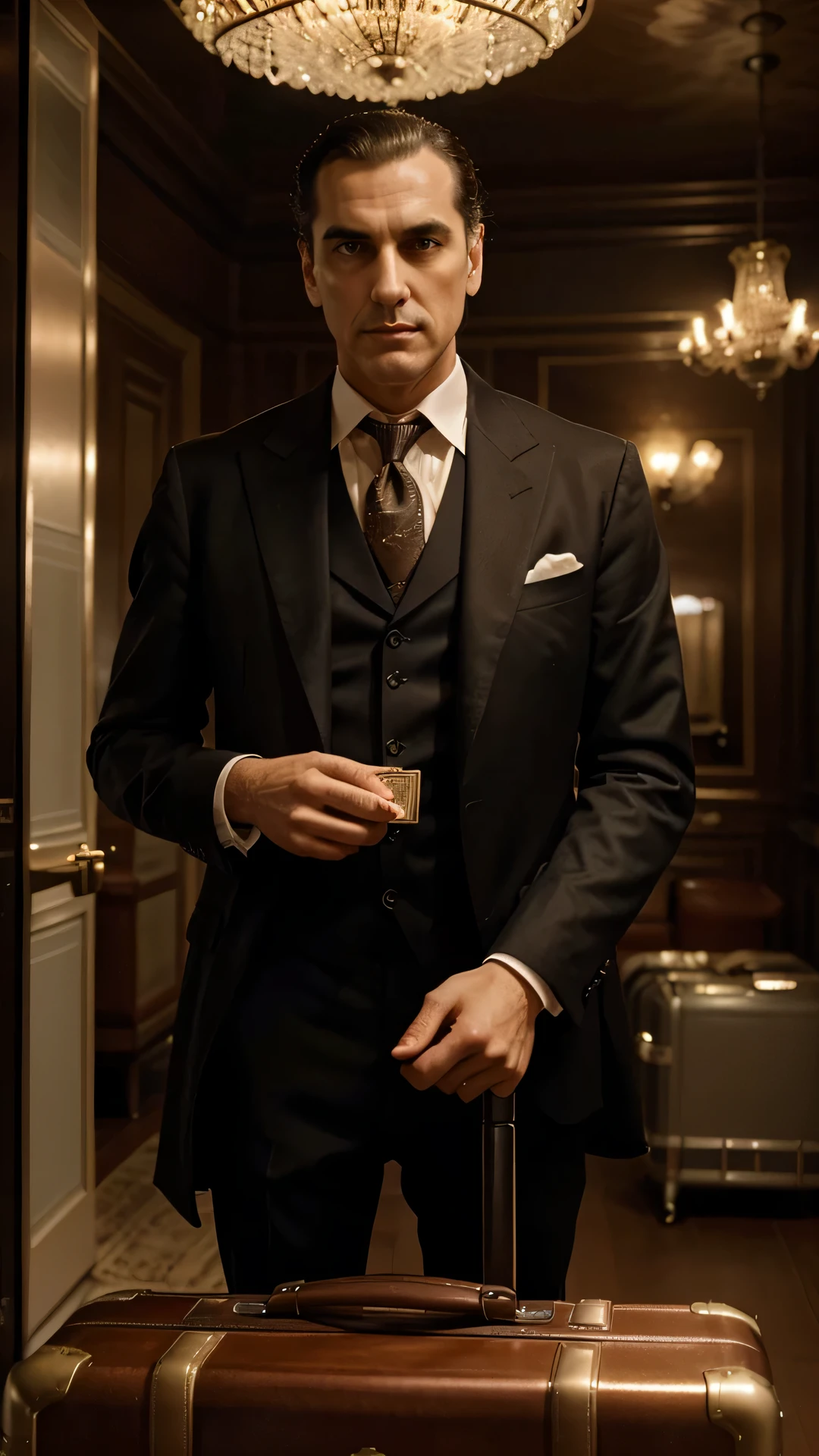 Generate a visually captivating image of Victor Lustig holding a suitcase filled with money in a scene that exudes charm and intrigue. Envision Lustig dressed in sophisticated attire, capturing his charismatic demeanor and cunning charm. Pay attention to details such as his facial expression, body language, and the way he holds the suitcase to convey a sense of confidence and accomplishment. Surround him with an environment that hints at the glamour of the early 20th century, perhaps incorporating subtle elements that allude to his legendary cons. Ensure the lighting and ambiance complement the narrative, creating a composition that sparks curiosity and fascination around Victor Lustig's charismatic and elusive persona.
