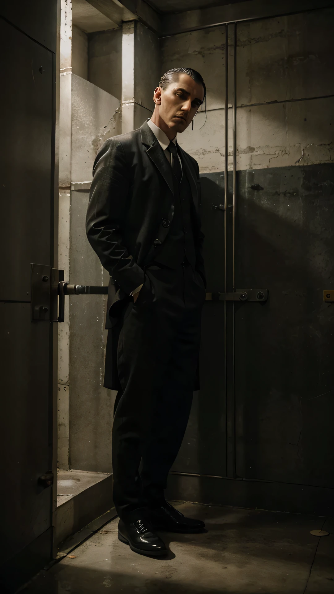 Generate a poignant and evocative image of Victor Lustig in a jail cell, capturing the somber and reflective atmosphere of his confinement. Depict Lustig in a moment of contemplation, perhaps seated or standing within the confines of the cell. Pay attention to the details of the surroundings, emphasizing the stark reality of incarceration. Use subdued lighting and muted tones to convey the gravity of the situation. Consider incorporating elements such as prison bars, shadows, and a hint of weariness in Lustig's expression to evoke a sense of the consequences of his actions. Craft an image that communicates the reflective and contemplative side of Victor Lustig's life during his time in jail.