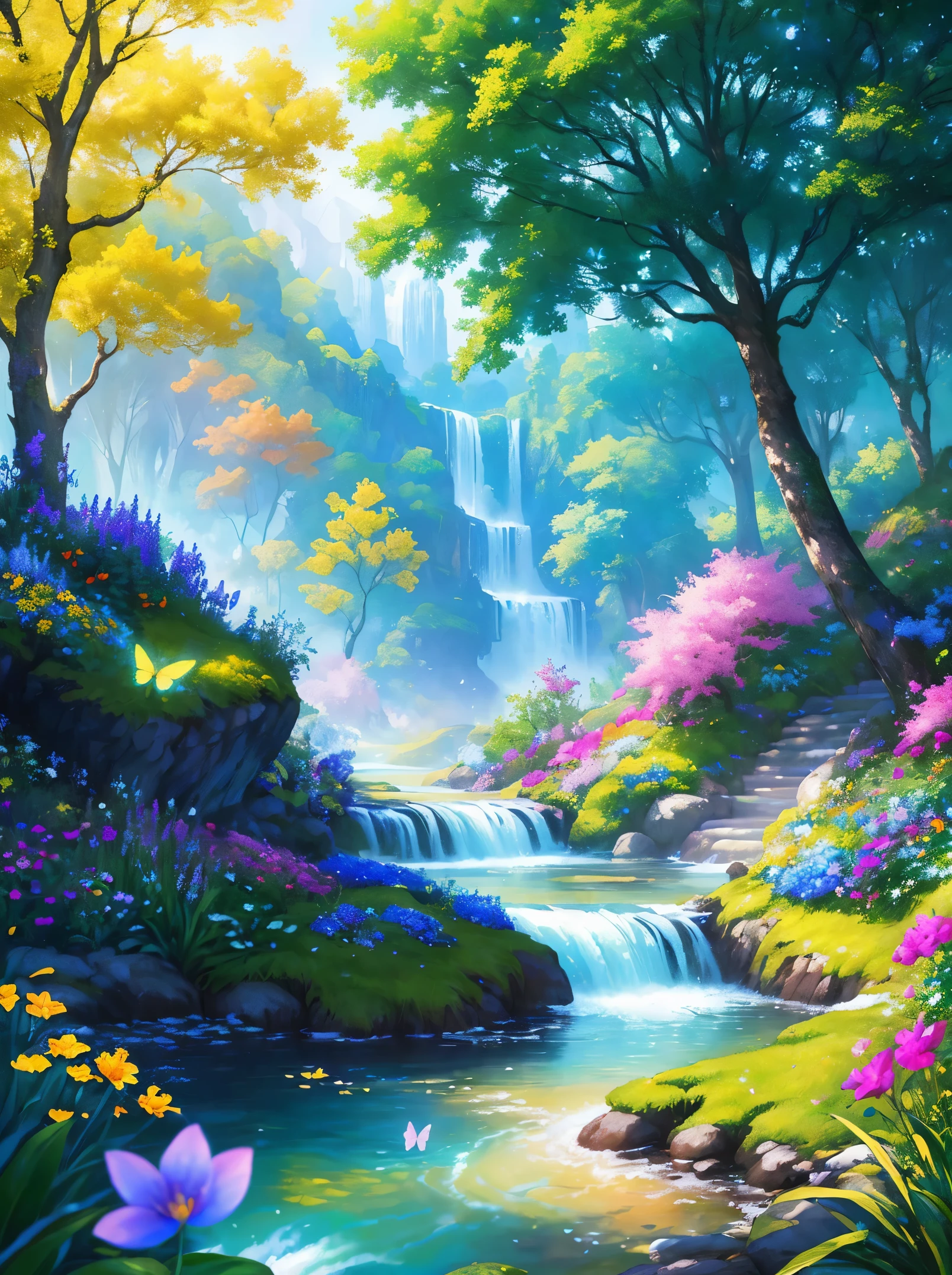 masterpiece, best quality, high quality, extremely detailed cg unity 8k wallpaper, an extremely colorful and purely fantasy environment with vibrant hues and a bright sky, landscape of bright green grass, colorful trees, glittering fruits, and bright blue flowers. the streams are a deep shade of blue, and the air is filled with sweet exotic scents. the environment appears to be taken out of a dream, with luminescent butterflies and giant colorful birds flying around, award winning photography, bokeh, depth of field, hdr, bloom, chromatic aberration ,photorealistic,extremely detailed, trending on artstation, trending on cgsociety, intricate, high detail, dramatic, art by midjourney