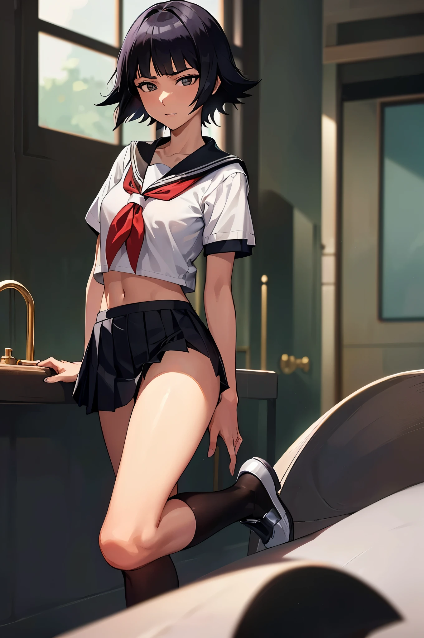 ultra-realistic 8k CG, masterpiece, ((ultra-detailed background, expressive eyes, fine drawing, intricate details, high detail, better quality fine details, hyper-detailed face)), (photorealistic: 1.4), beautiful lighting, RAW photo, film grain, soi fon, 1girl, solo, ((dark black hair, short hair)), ((dark black eyes)), black irises, makeup, side strands, (( slim girl)), ((detailed background, inside, dim lighting, moody lighting, inside classroom)), (intricately detailed full-body shot)), ((intricately detailed face and character)), sweating, detailed face, beautiful face, sharp stern features, petite, thin, skinny, kubo tito, kubo tito (style), bleach (manga), bleach manga style, asian eyes, inspired by Kusumi Morikage, toned, small breasts, toned, long slender legs, thin legs, ((pretty arched feet)), ((light grey sports bra)), ((neckerchief, pleated skirt, red neckerchief, school uniform, serafuku, shirt, short sleeves, skirt, white shirt, uranohoshi school uniform, pantyhose, black penny shoes))