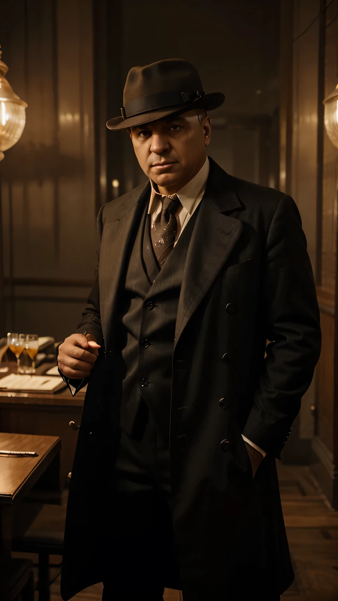 Create a compelling and authentic portrayal of Al Capone, the notorious American gangster, in a setting that captures the essence of the Prohibition era. Envision Capone with meticulous attention to detail, focusing on his distinctive features, attire, and demeanor. Place him in a scene that reflects the ambiance of the 1920s and 1930s Chicago, with elements like fedora hats, trench coats, and vintage cars. Consider incorporating iconic elements associated with Capone, such as cigars, fedora, and a tailored suit. Pay attention to the lighting and surroundings to evoke the mood of the era, whether it's the dimly lit interiors of a speakeasy or the gritty streets of Chicago. Craft an image that brings Al Capone to life, conveying the charisma and menace that defined his presence during the Prohibition era.