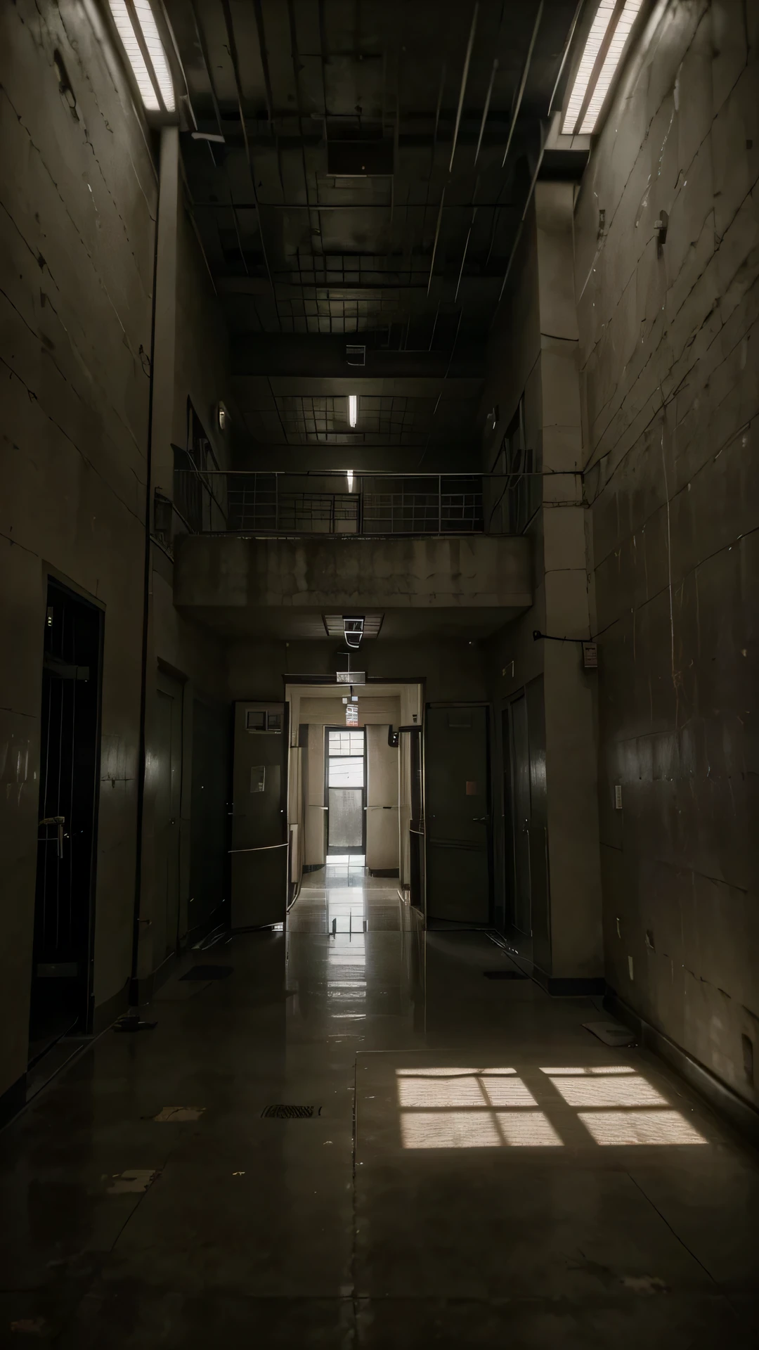 Generate a powerful and evocative image of a prison environment, capturing the somber atmosphere and sense of confinement. Envision a realistic prison cell or a corridor within a prison facility, paying attention to details such as iron bars, dim lighting, and worn surfaces. Depict elements that convey the gravity of the space, such as empty cells, institutional furnishings, and security features. Experiment with lighting to enhance the mood, balancing the harsh reality of imprisonment with shadows that evoke a sense of isolation. Consider incorporating subtle details like prison uniforms, personal effects, or restrained inmates to add authenticity. Craft an image that communicates the solemnity and restraint associated with life behind bars.