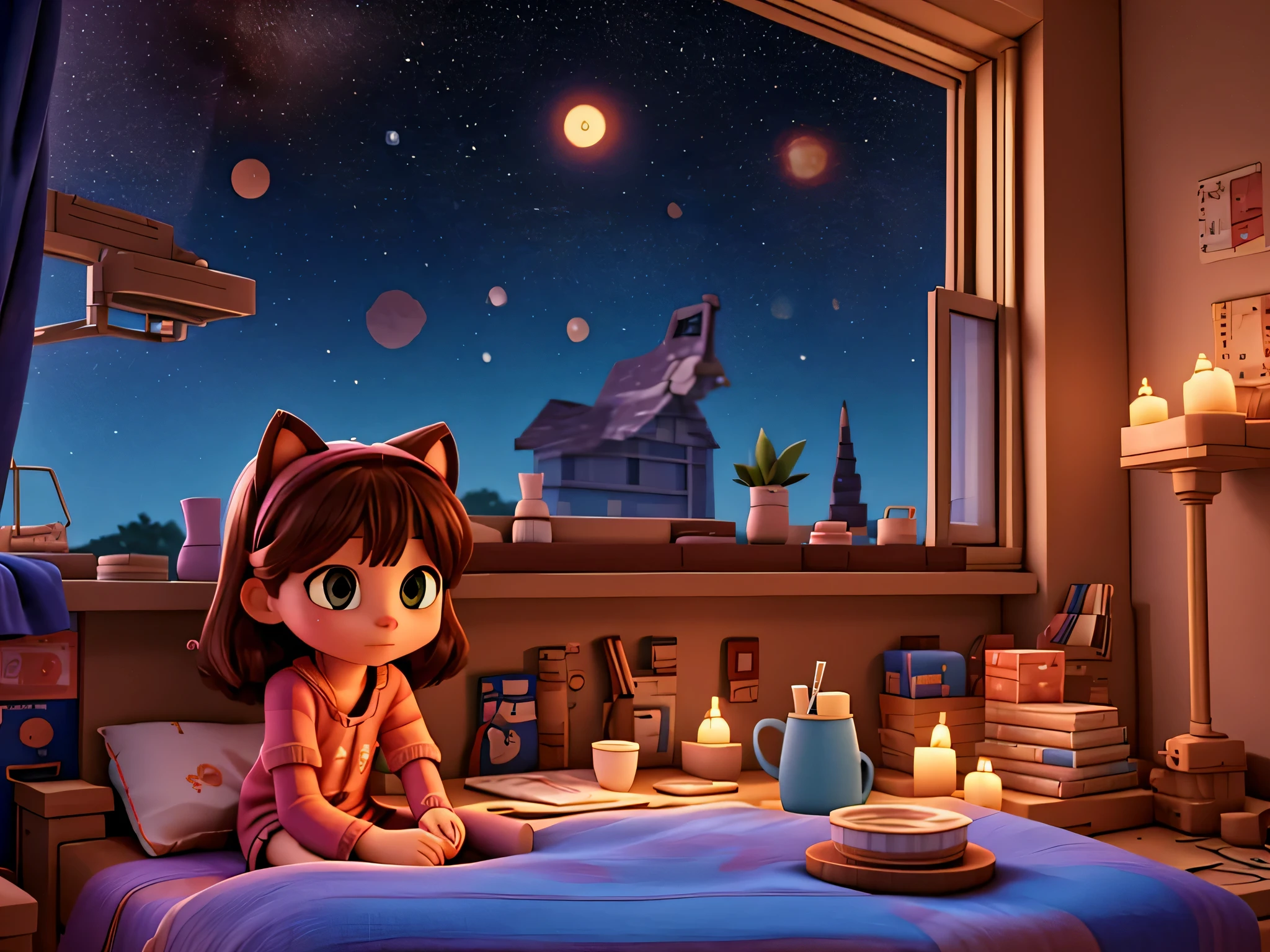 image showing a girl in her room with a messy bed, sitting near a window holding a cup, observando a noite estrelada ao lado de um gato. Capture a lofi style with a nighttime ambiance and low ambient lighting