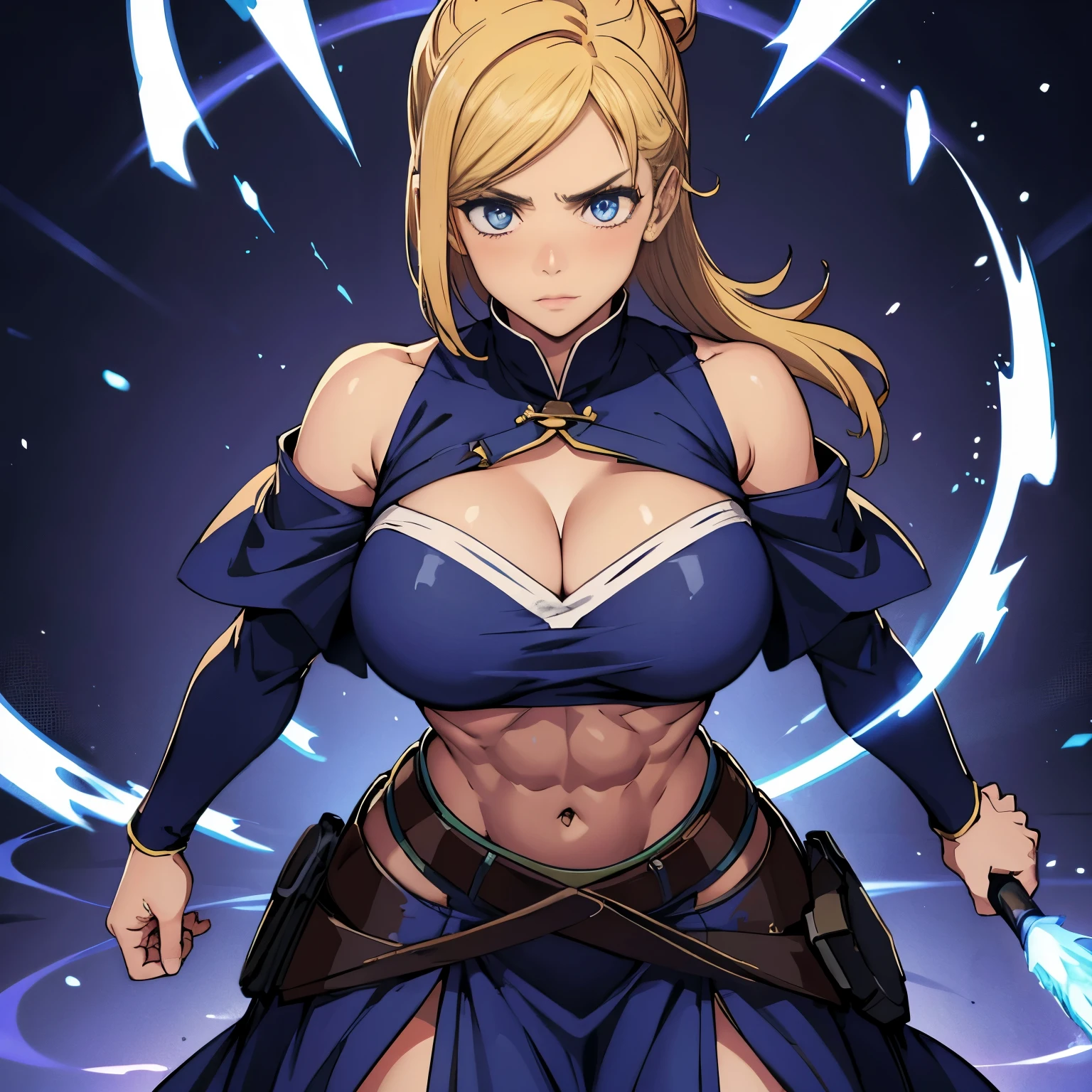 great quality, (1 women), very focused face, nobara, diamond face, perfect eyes, (standing), (wearing mage robe), mage robe, magic, (casting), blonde pony tail, strong shadows, full body, detailed face, (casting spell), blue flashes of light, blue sparks, in battle, detailed abs, shinying eyes, (masterpiece), direct light, underlight, strong jaw, (large boobs), massive ass, thick thighs, (long torso), wide waist, skinny torso, fit, perfect face, sexy, (blushing),