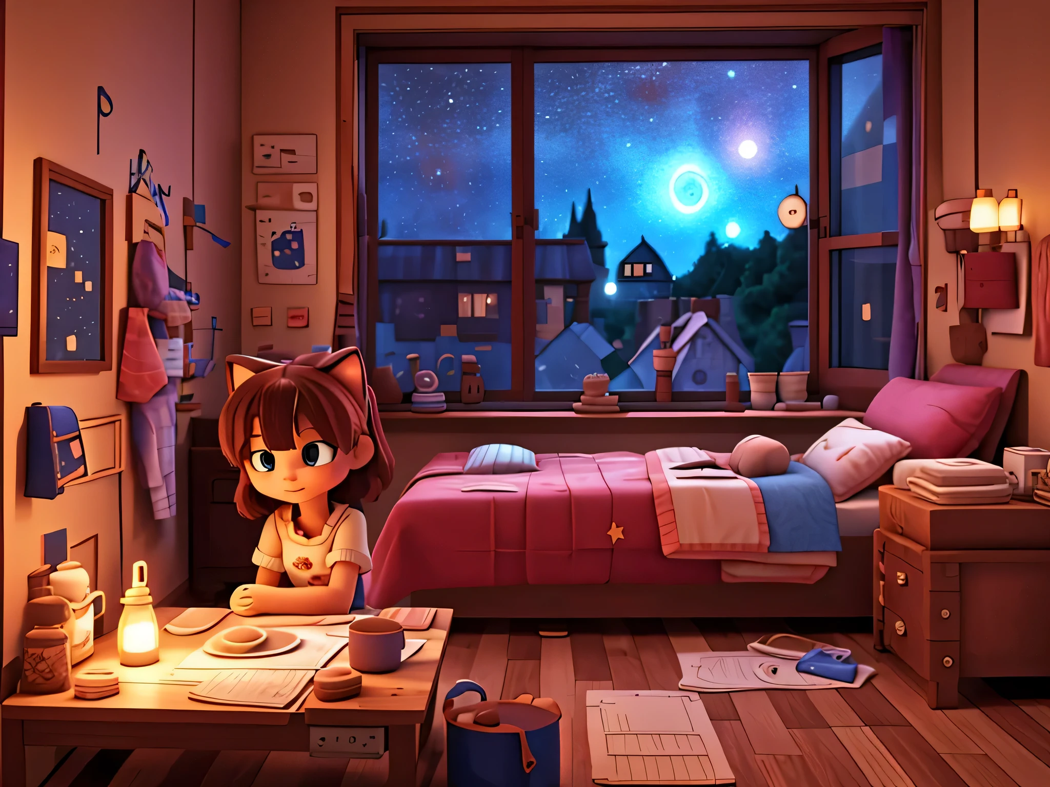 image showing a girl in her room with a messy bed, sitting near a window holding a cup, observando a noite estrelada ao lado de um gato. Capture a lofi style with a nighttime ambiance and low ambient lighting